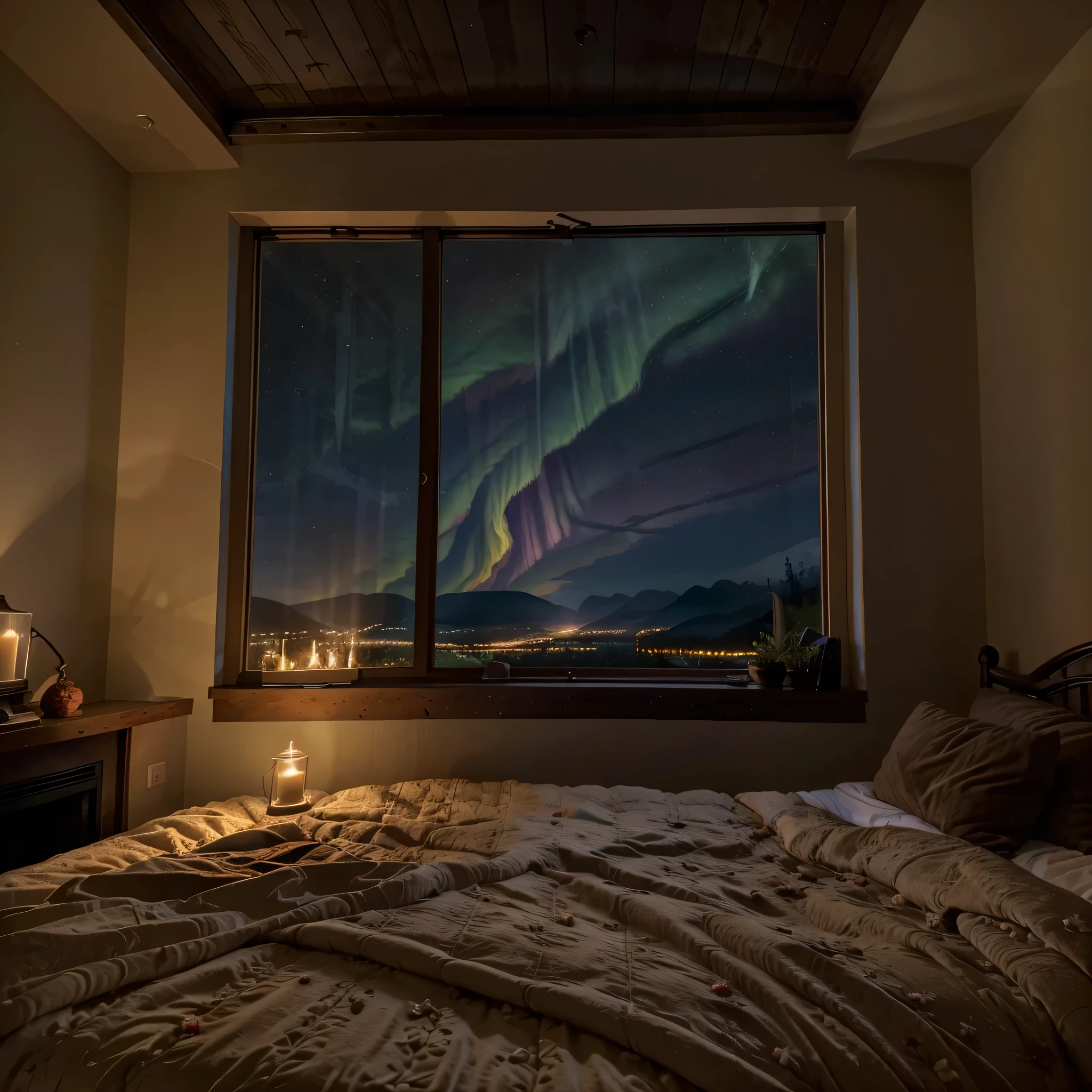 a dimly lit room with a big fireplace and a cozy bed in front of big skylights, epic view, stunning windows, starry night, cozy place, home atmosphere, fairy lights, twinkling, rain aesthetic, cozy home background, romancing mood, inside on a rainy night, candles, fireflies, forest outside, romantic, lightening, enchanted forest, glowing, mountains, misty, dripping, fuzzy blankets, soft bedroom, fluffy bed, warm pillows, dancing flames, petals, flowers, aurora, milky way