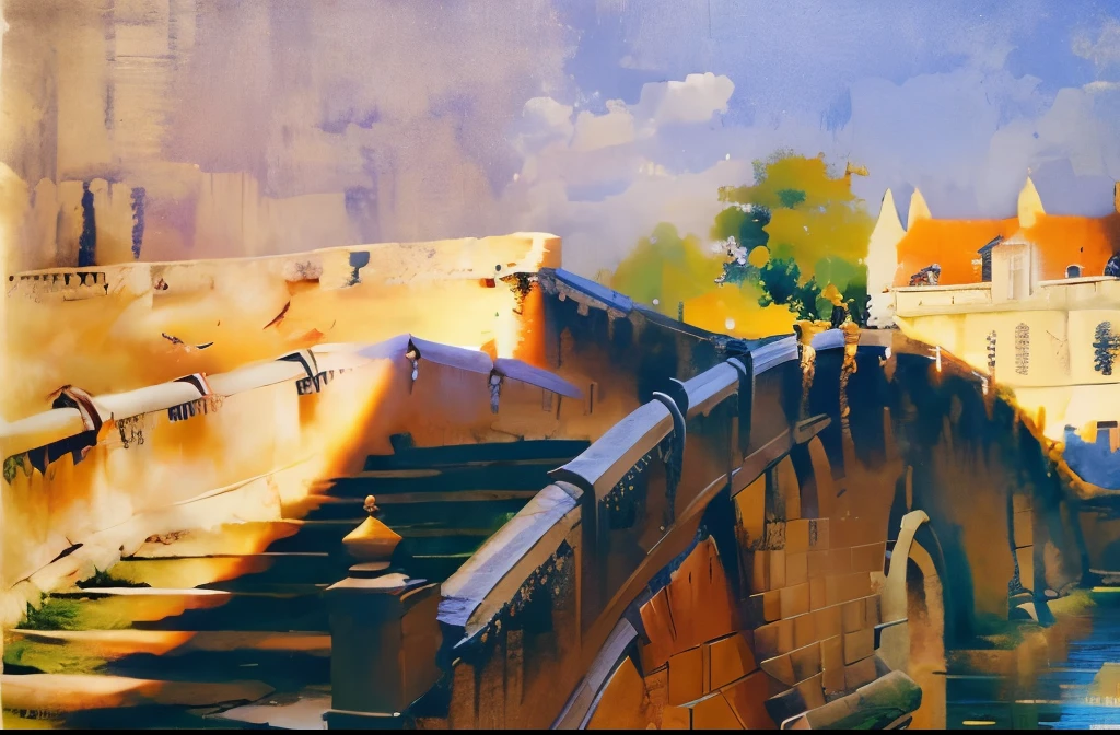 There is an old photo,There is a bridge above,There are steps above, old bridge, city wall,painting,landscape,gardens,River under the bridge,Impressionism,Sunlight,Phoenix Tree