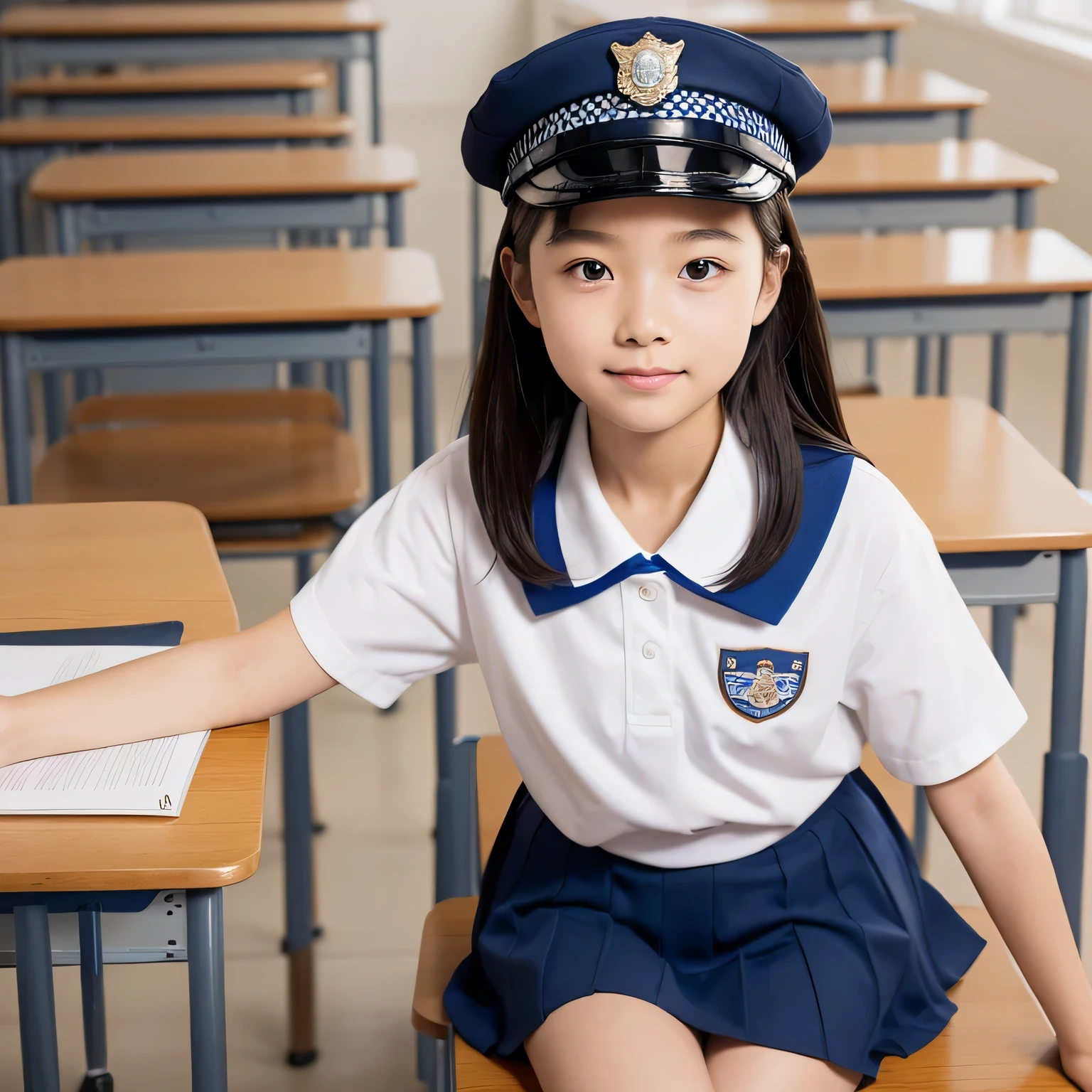 beautiful illustrations、highest quality、ultra high resolution、Professional specifications、(((Only one elementary school student))、light blue school sailor uniform、very short skirt、((Police Officer Cap))、short sleeve、&#39;face、(on all fours: 1.3)、Crouch start