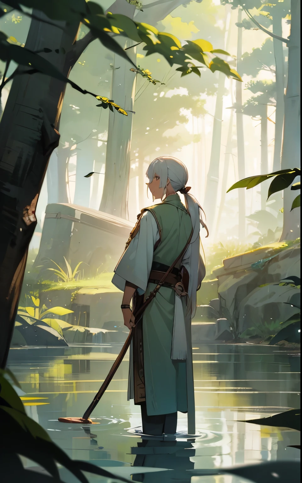 male focus,watercolor,brown skin,white hair,Platinum blond,fantasy,long hair,looking at viewer,one tied hair,low ponytail,outdoor,in forest,by the lake,40years old,fantasy