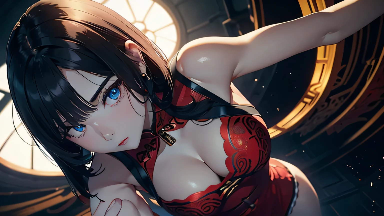 4K, A high resolution, Best quality at best, masterpiece, perfect colors, perfect shadow, perfect litthing, ((sportrait)), 1woman, fit-muscled body, bright yellow eyes,dark blue hair , blue eyes, With round lenses, The audience watched carefully, (s face: 1.2), Perfect female figure, ((standing)), ( beautiful red Cheongsam-clad woman stands in the half-light, her cleavage accentuated by the sharp focus of the camera. The modern red Cheongsam, adorned with intricate patterns), ((shy and looking at viewert)), (Perfect thick white eyebrows) Delicate fur, 详细s face, s the perfect face, doomsday background, lighting atmosphere, ((Bonifasko lighting)), (The round lenses on his eyes)(詳細な目), Perfect student, face close up