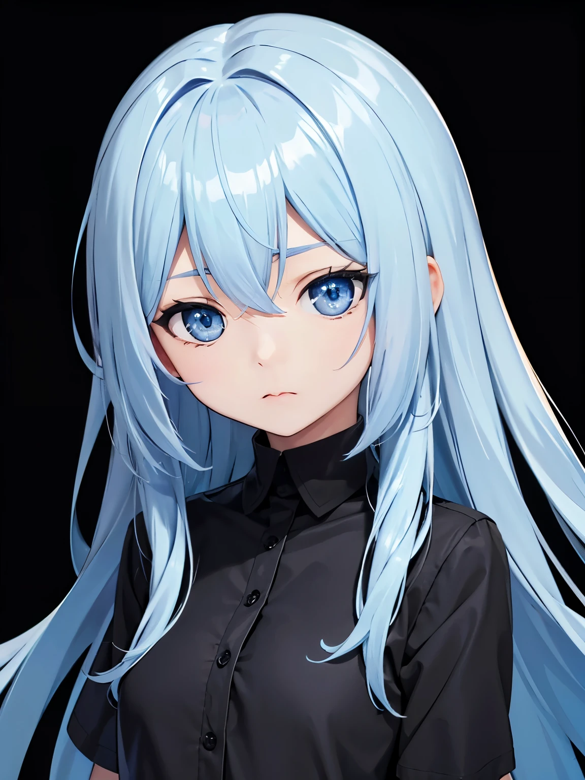 Long hair, mixed skin, blue hair, black eyes, black irises, black pupils, big white shirt, kuudere, blank expression, light blue hair, black background