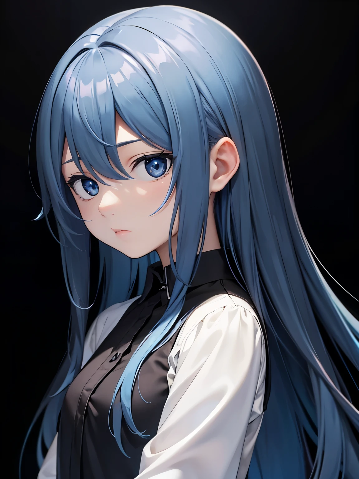 Long hair, mixed skin, blue hair, black eyes, black irises, black pupils, big white shirt, kuudere, blank expression, light blue hair, black background