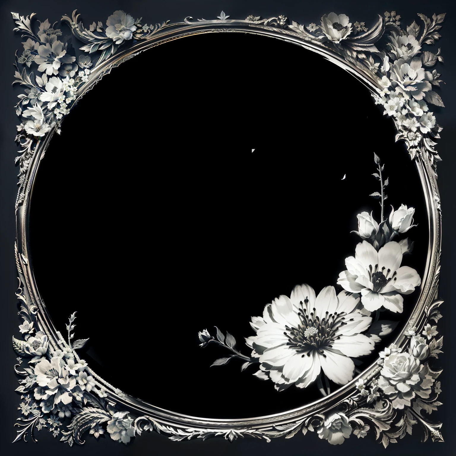 there is a picture of a black and white picture with flowers, flower frame, white border, white border, surrounded flower, Filigree Frame, Black Rose Frame. d&d, flowers. Baroque elements, Glamorous frame, dark background, dark flowers, flower background, gorgeous floral, ornamental frame, round background, Frame around the image, Gorgeous Border Frame