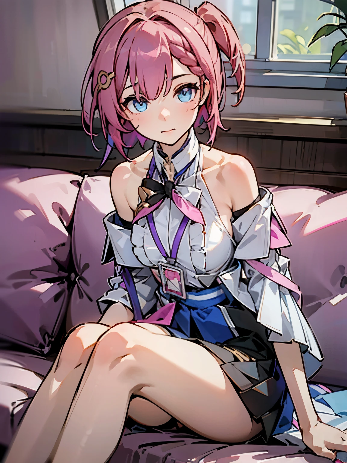 1girl, asta from honkai star rail, pink short hair, short ponyside hair, blue eyes, wearing her outfit, doing daily activities, indoor, very detailed background, many furnitures, masterpiece, highres, ultrahd,