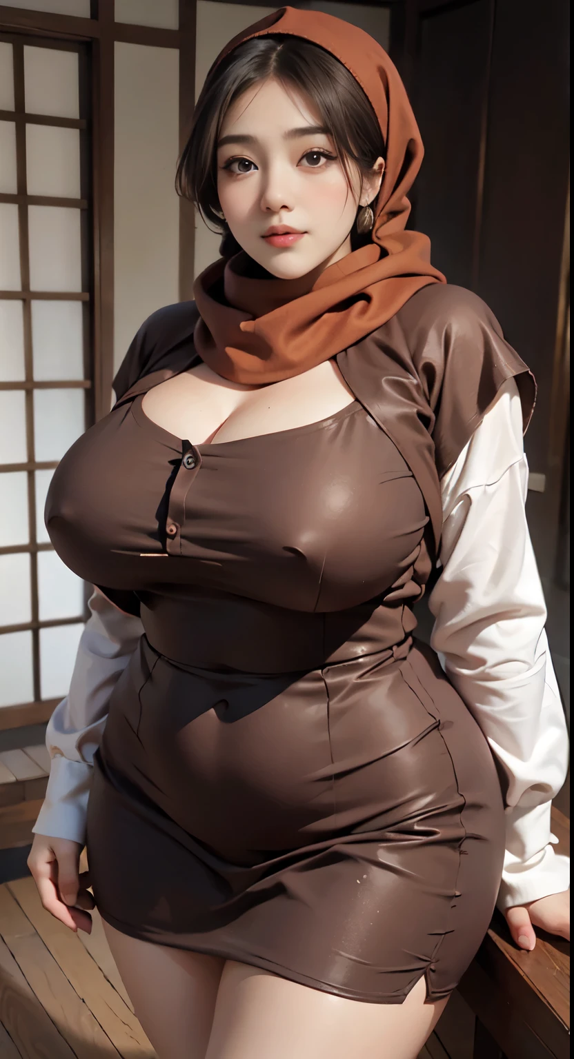 there is a woman random poses with a longest brown and red hijab, bbwchan, thicc, brown hijab outfit, brown hijab fashion model, korean girl, korean woman, wearing brown robe, full length shot, alluring plus sized model, japanese goddess, clothed in hooded, voluptuous and arousing, portrait shot, curvy model, voluptuous body, wonderful, nene tanaka body , bbwchan, The overall atmosphere is smooth , haunting illustrations, extremely high-resolution details, photographic, realism pushed to extreme, fine texture, 4k, ultra-detailed, high quality, high contrast, red Color sneakers, bob hairstyle , short hairstyle , baby face 