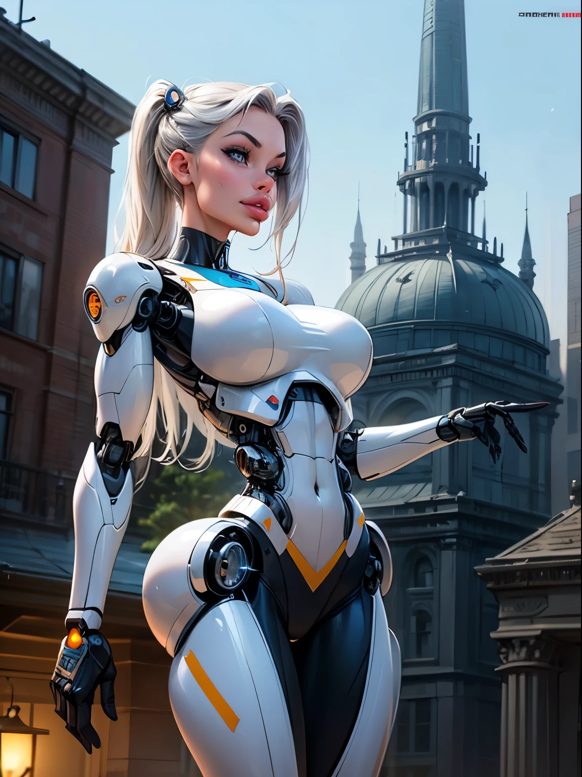 ((side profile)), looking to viewer, There is a woman in a robot suit ((posing next to an ancient building)), Beautiful white girl half cyborg, Cute cyborg girl, Beautiful girl cyborg, (aletta ocean face), (puffy lips), Perfect Robot Girl, Cyborg girl, Young cyborg grady, Beautiful Female Robot, ((cybernetic abs:1.2)), Beautiful robot woman, cyborg girl, perfect cyborg female, ((porcelain cyborg)), Female robot, Beautiful cyborg images, (cinematic lighting)