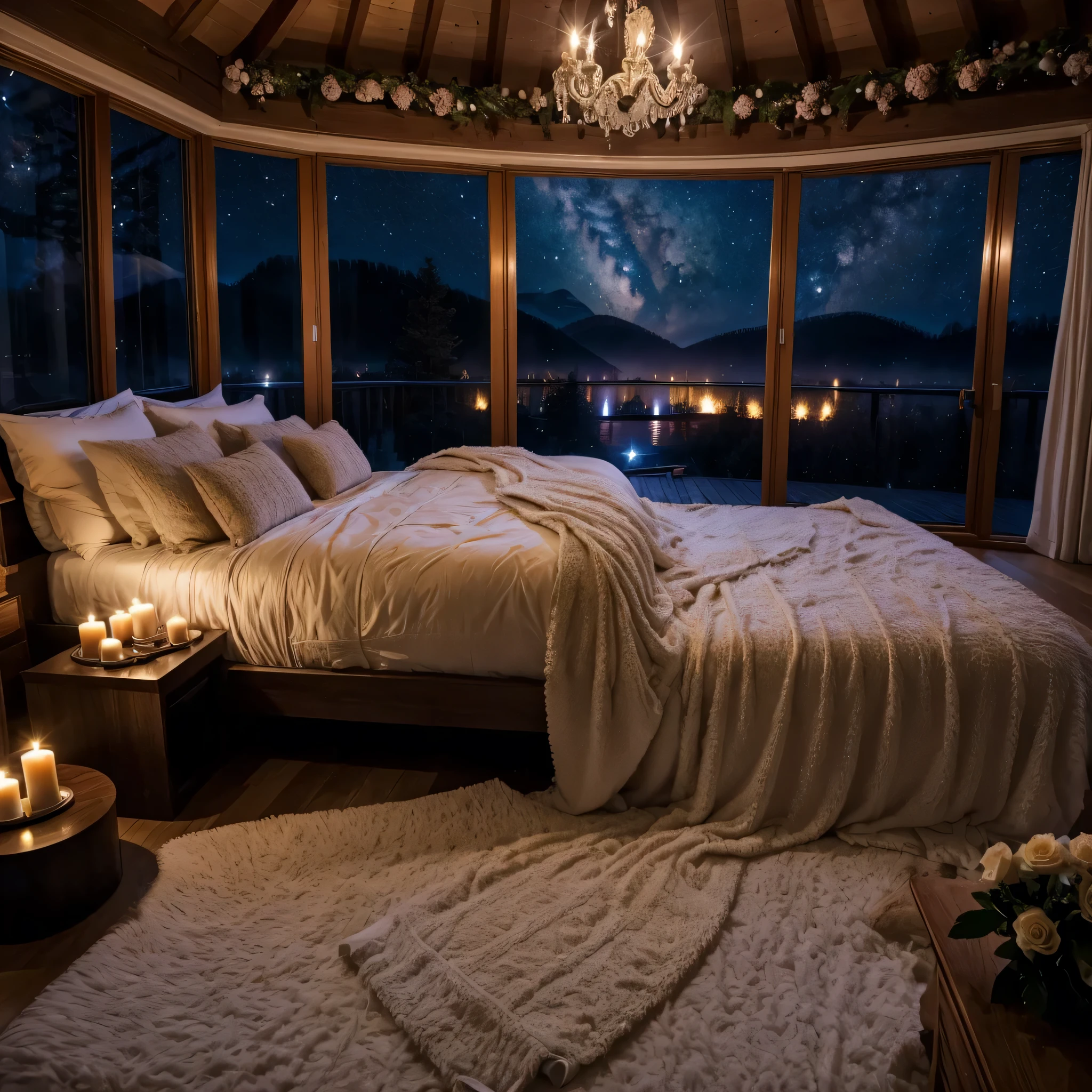 a dark bedroom with a big fireplace and a cozy bed in front of big skylights, epic view, stunning windows, starry night, cozy place, home atmosphere, fairy lights, twinkling, rain aesthetic, cozy home background, romancing mood, inside on a rainy night, candles, fireflies, forest outside, romantic, lightening, enchanted forest, glowing, mountains, misty, dripping, fuzzy blankets, soft bedroom, fluffy bed, warm pillows, dancing flames, petals, flowers, milky way