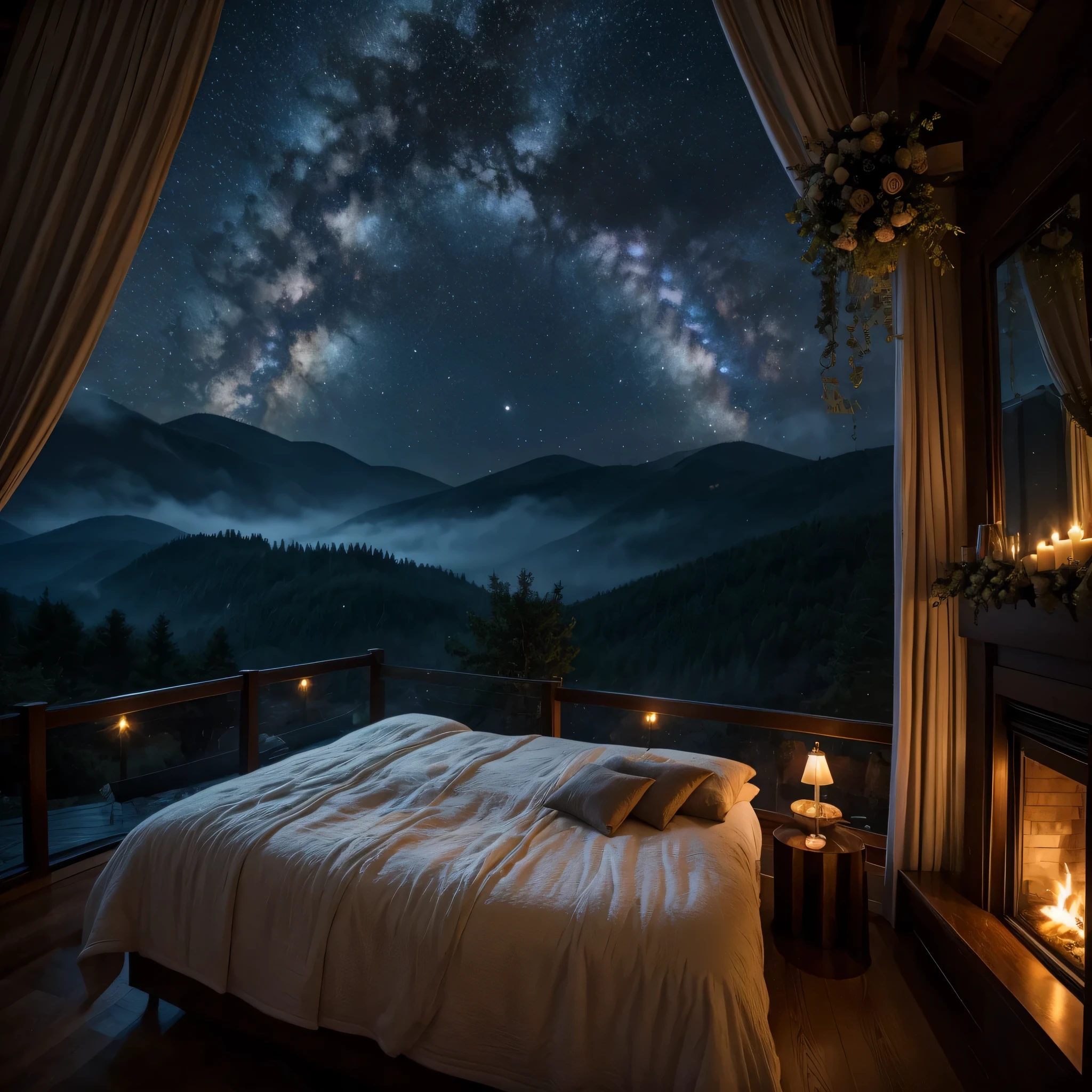 a dark bedroom with a big fireplace and a cozy bed in front of big skylights, epic view, stunning windows, starry night, cozy place, home atmosphere, fairy lights, twinkling, rain aesthetic, cozy home background, romancing mood, inside on a rainy night, candles, fireflies, forest outside, romantic, lightening, enchanted forest, glowing, mountains, misty, dripping, fuzzy blankets, soft bedroom, fluffy bed, warm pillows, dancing flames, petals, flowers, milky way