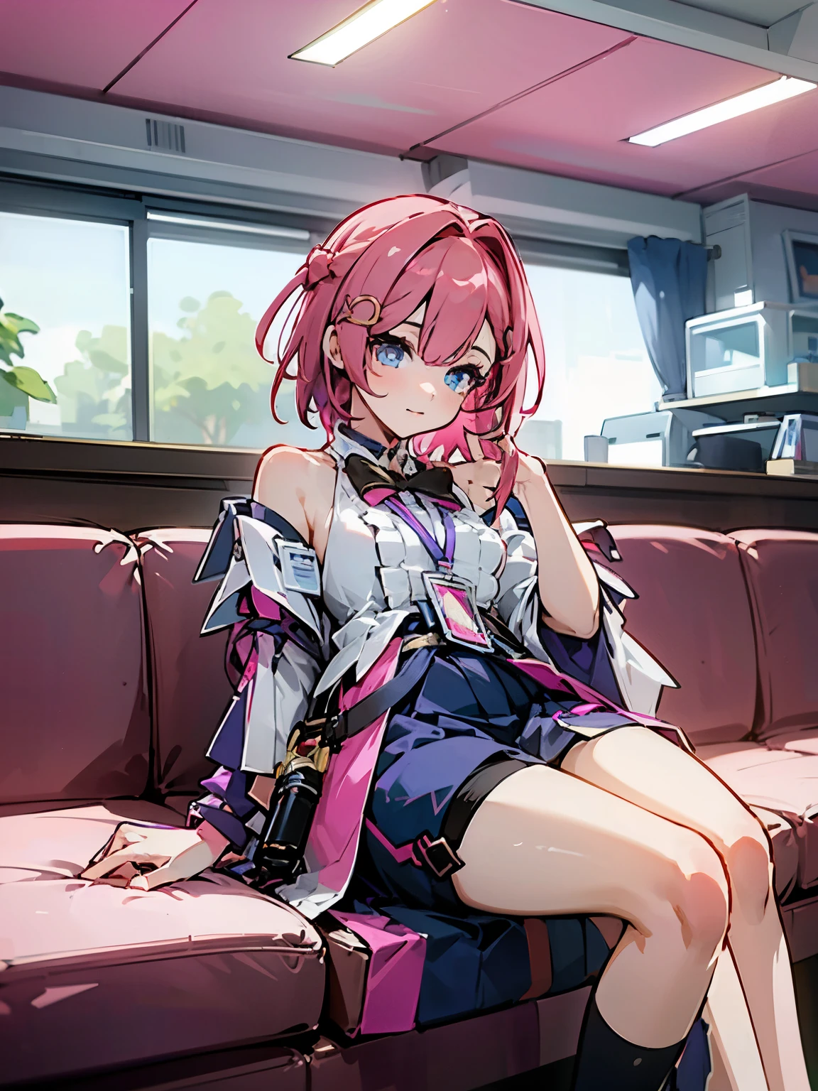 1girl, asta from honkai star rail, pink short hair, short ponyside hair, blue eyes, wearing her outfit, doing daily activities, indoor, very detailed background, many furnitures, masterpiece, highres, ultrahd,