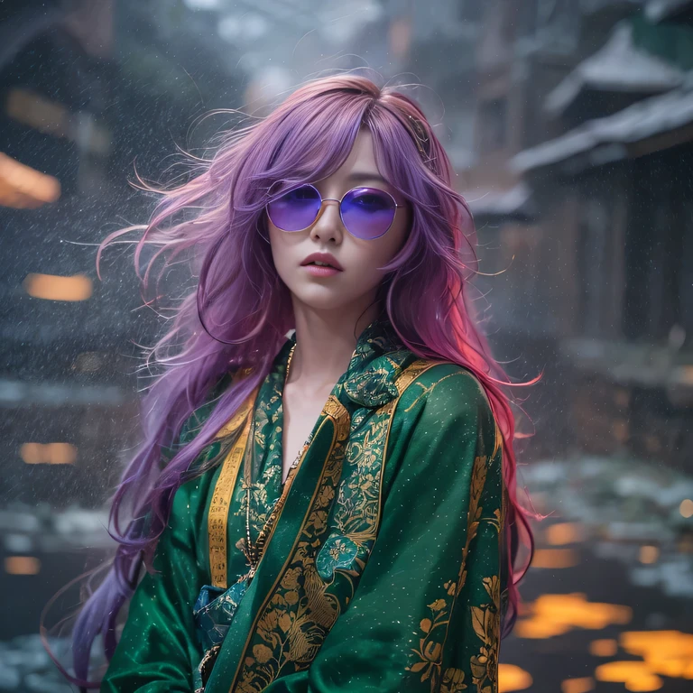 Chapter 3860 The Year of Cyberpunk(masterpiece,HD,超HD,32k lotus root starch)Bright purple flowing hair,autumn pond, lotus root starch color, Asian (Michiko), (silk scarf), fighting stance, looking at the ground, Orange gradient long hair, ((Thick frame reflective jade sunglasses))Floating bright purple, Fire cloud gold headdress, Chinese long-sleeved gold silk garment, (Abstract ink splash:1.2),mars background,lotus(realistically:1.4),bright purple hair,Smoke on the road,background very ivory、pure, high resolution, detail, RAW photos lotus root starch, Sharp Re, Nikon D850 film photo by Jefferies Lee 4 Kodak Portra 400 camera F1.6 guns, colorful, Super real、Vivid textures, dramatic lighting, Unreal Engine Art Station Trend, Silicon Nest 800,Bright purple flowing hair,Dark green reflective sunglasses