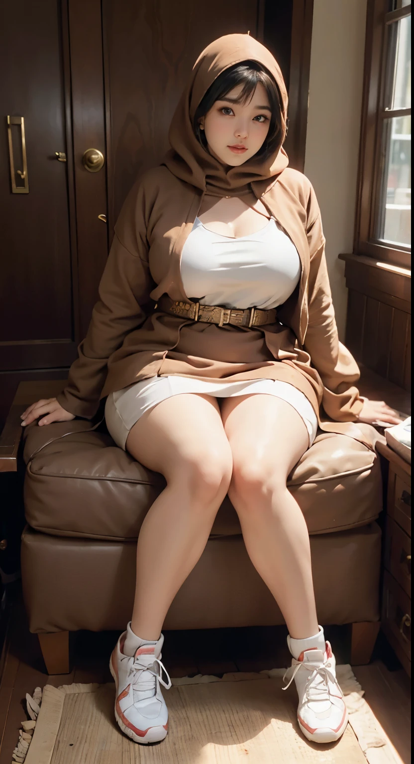 there is a woman sitting down with a longest brown hijab, bbwchan, thicc, brown hijab outfit, brown hijab fashion model, korean girl, korean woman, wearing brown robe, full length shot, alluring plus sized model, japanese goddess, clothed in hooded, voluptuous and arousing, portrait shot, curvy model, voluptuous body, wonderful, nene tanaka body , bbwchan, The overall atmosphere is smooth , haunting illustrations, extremely high-resolution details, photographic, realism pushed to extreme, fine texture, 4k, ultra-detailed, high quality, high contrast, red Color sneakers, naked, open leg, cum ,cream pie at the vagina