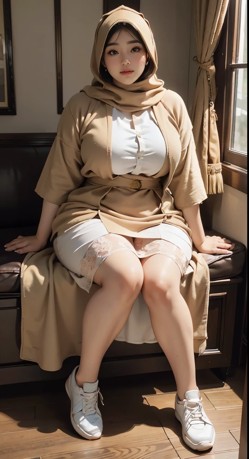 there is a woman sitting down with a longest brown hijab, bbwchan, thicc, brown hijab outfit, brown hijab fashion model, korean girl, korean woman, wearing brown robe, full length shot, alluring plus sized model, japanese goddess, clothed in hooded, voluptuous and arousing, portrait shot, curvy model, voluptuous body, wonderful, nene tanaka body , bbwchan, The overall atmosphere is smooth , haunting illustrations, extremely high-resolution details, photographic, realism pushed to extreme, fine texture, 4k, ultra-detailed, high quality, high contrast, red Color sneakers, naked, open leg, cum ,cream pie at the vagina