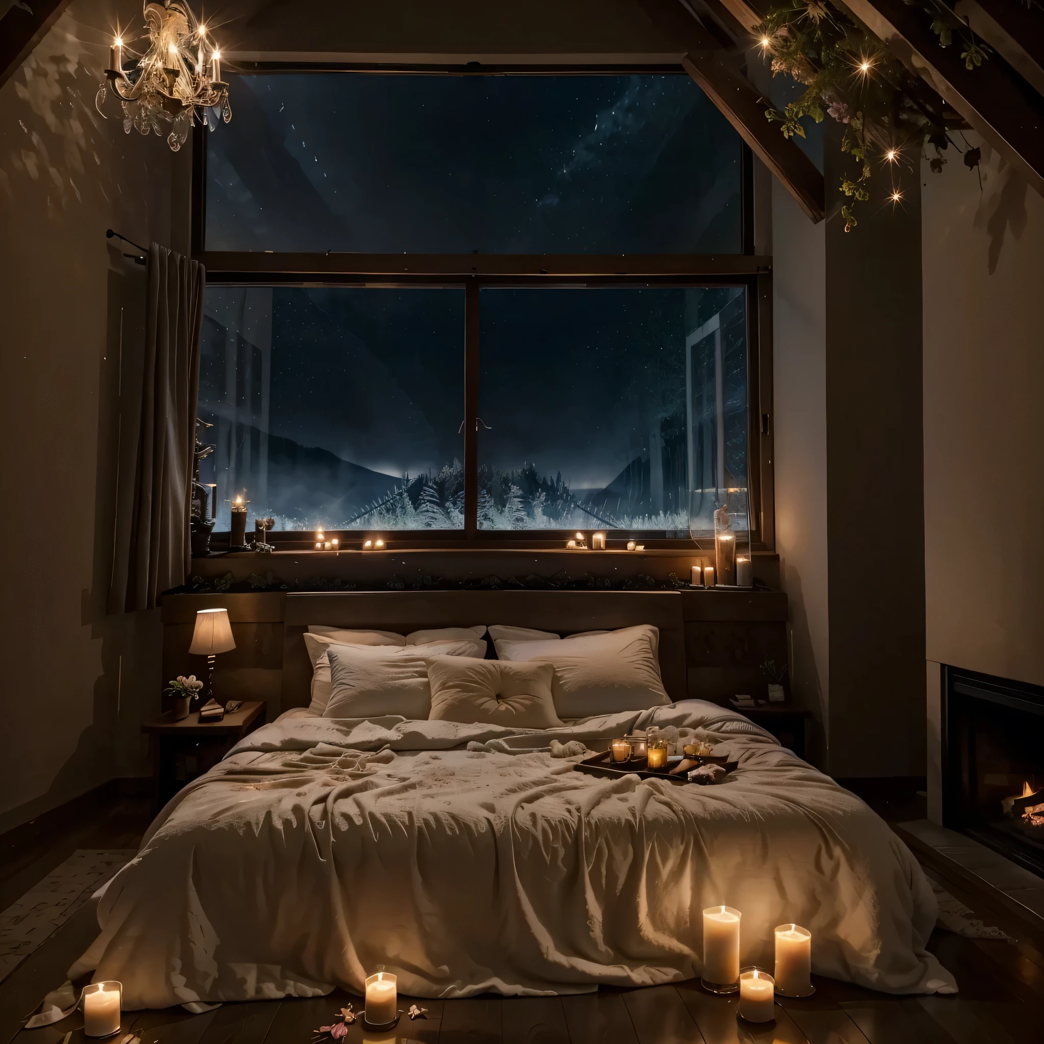 a dark bedroom with a big fireplace and a cozy bed in front of big skylights, epic view, stunning windows, starry night, cozy place, home atmosphere, fairy lights, twinkling, rain aesthetic, cozy home background, romancing mood, inside on a rainy night, candles, fireflies, forest outside, romantic, lightening, enchanted forest, glowing, mountains, misty, dripping, fuzzy blankets, soft bedroom, fluffy bed, warm pillows, dancing flames, petals, flowers, 