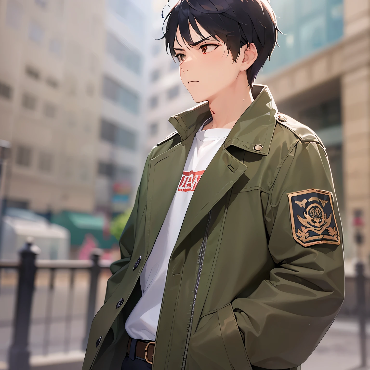 side angle, masterpiece、high quality、(looking away:1.5), 25 year old male with short black hair and orange eyes、(wearing a green trench:1.3), wearing a white shirt、(Alone:1.5)、(angry:1.3)、(Only the upper body is shown.:1.3)、The background is outside the building area