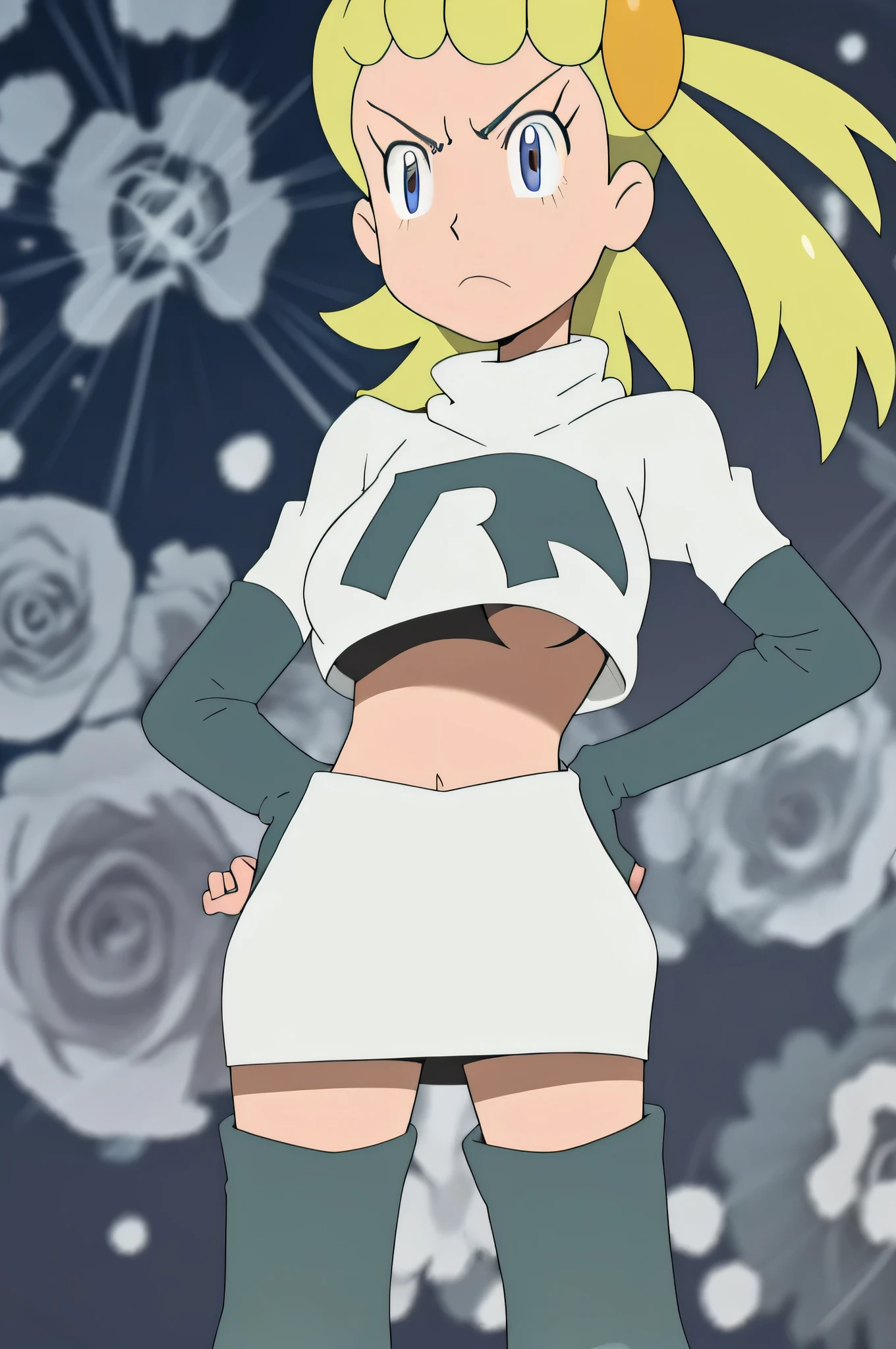 1girl in, (Solo:1.2), (Perfect body:1.1), (Best Quality:1.1), , very large breast, hands on hip,team rocket uniform, red letter r, white skirt,white crop top,black thigh-high boots, black elbow gloves, glaring angrily, looking at viewer, hands on hips,zettai ryouiki, Bonnie