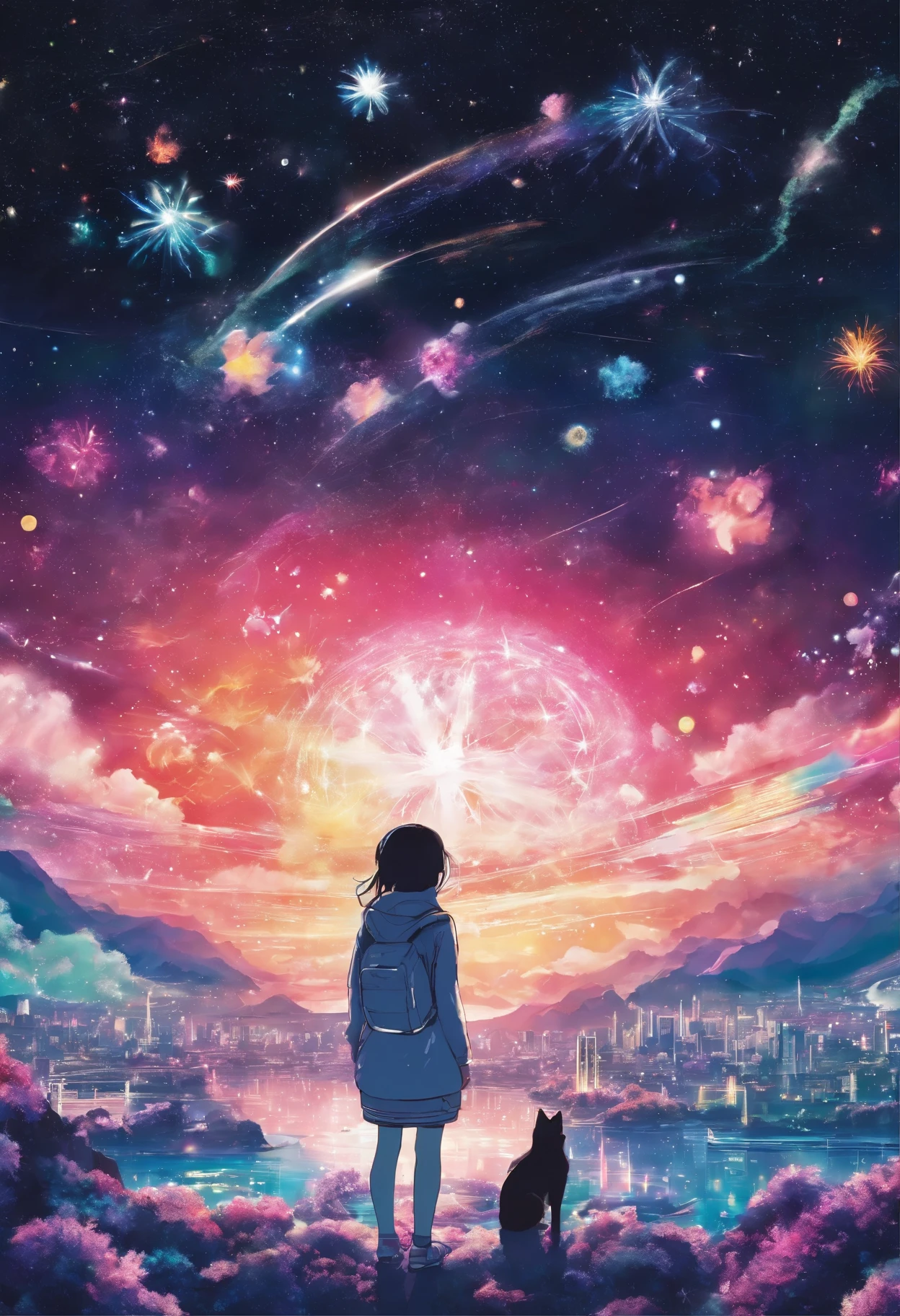 A stunning masterpiece of 8K RAW imagery, Glitter Splash captures the beauty of space, featuring a girl astronaut surrounded by a mesmerizing starry sky, brilliant aerial fireworks, and breathtaking views of the Northern Lights dancing in the Milky Way. A festival-like atmosphere with a fisheye lens effect.