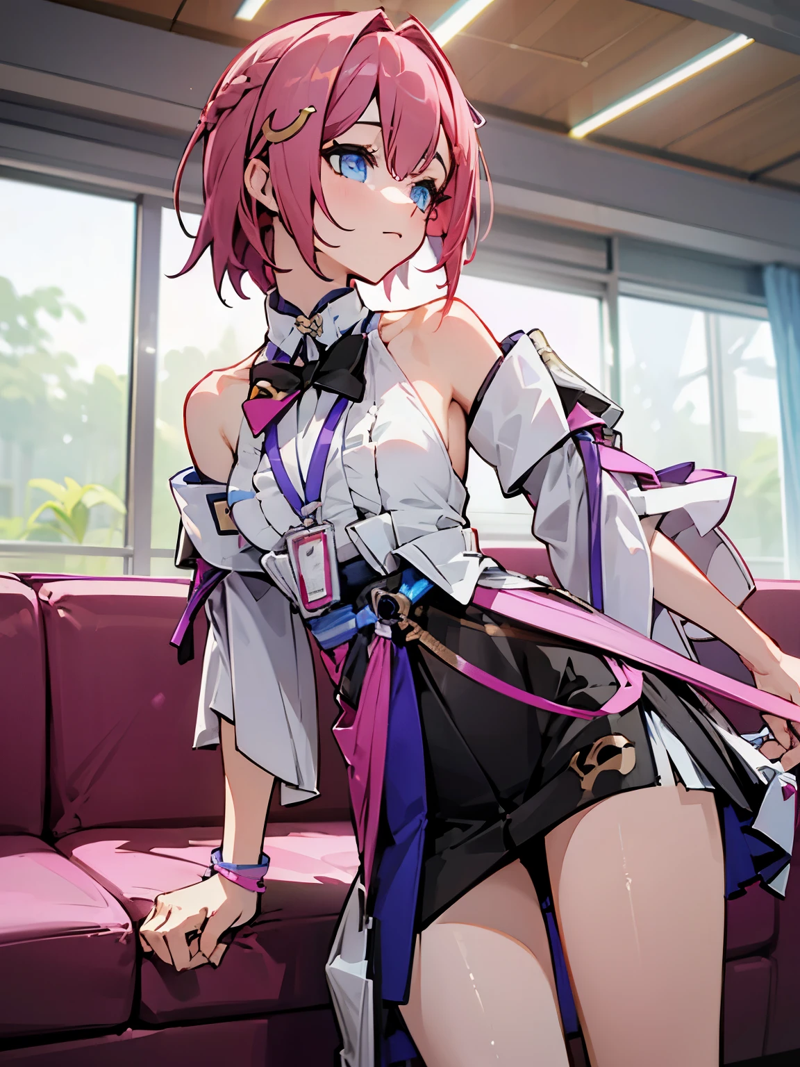 1girl, asta from honkai star rail, pink short hair, short ponyside hair, blue eyes, wearing her outfit, doing daily activities, indoor, very detailed background, many furnitures, masterpiece, highres, ultrahd,