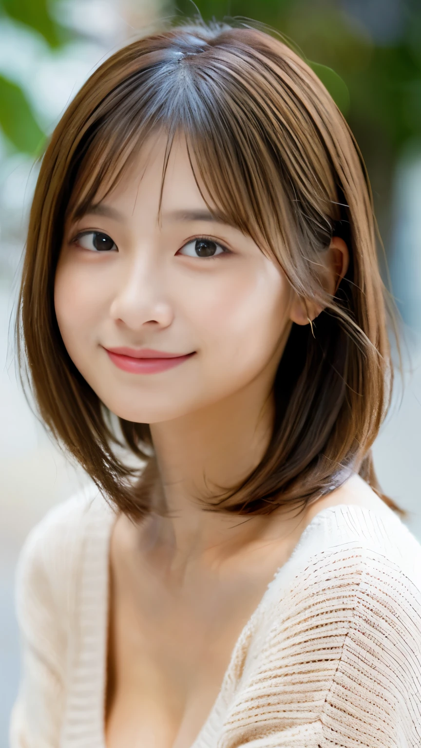 (masterpiece:1.3), (8K, Photoreal, Raw photo, best image quality: 1.4), japanese girl、12 years old、(random hairstyle:1.2)、(cleavage:1.2)、super detail face、eye for details、double eyelid、chest to chest、sharp focus:1.2、(cute woman:1.4)、light brown hair、bangs、highest quality、Super high resolution、(Photoreal:1.4)、Highly detailed and professionally lit smiles、loose and light knitwear、thin、smile、long hair、upper body portrait