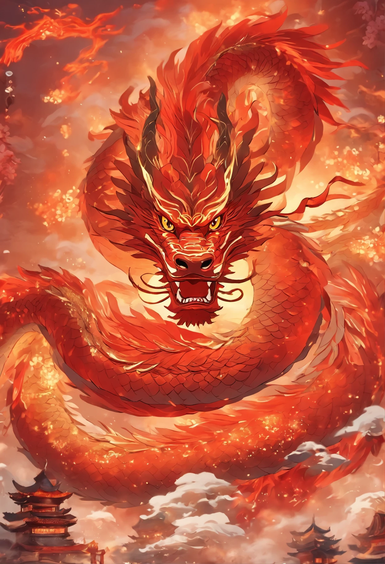 chinesedragon,Traditional Chinese culture,levitating,meander,Red tone,tmasterpiece,4K