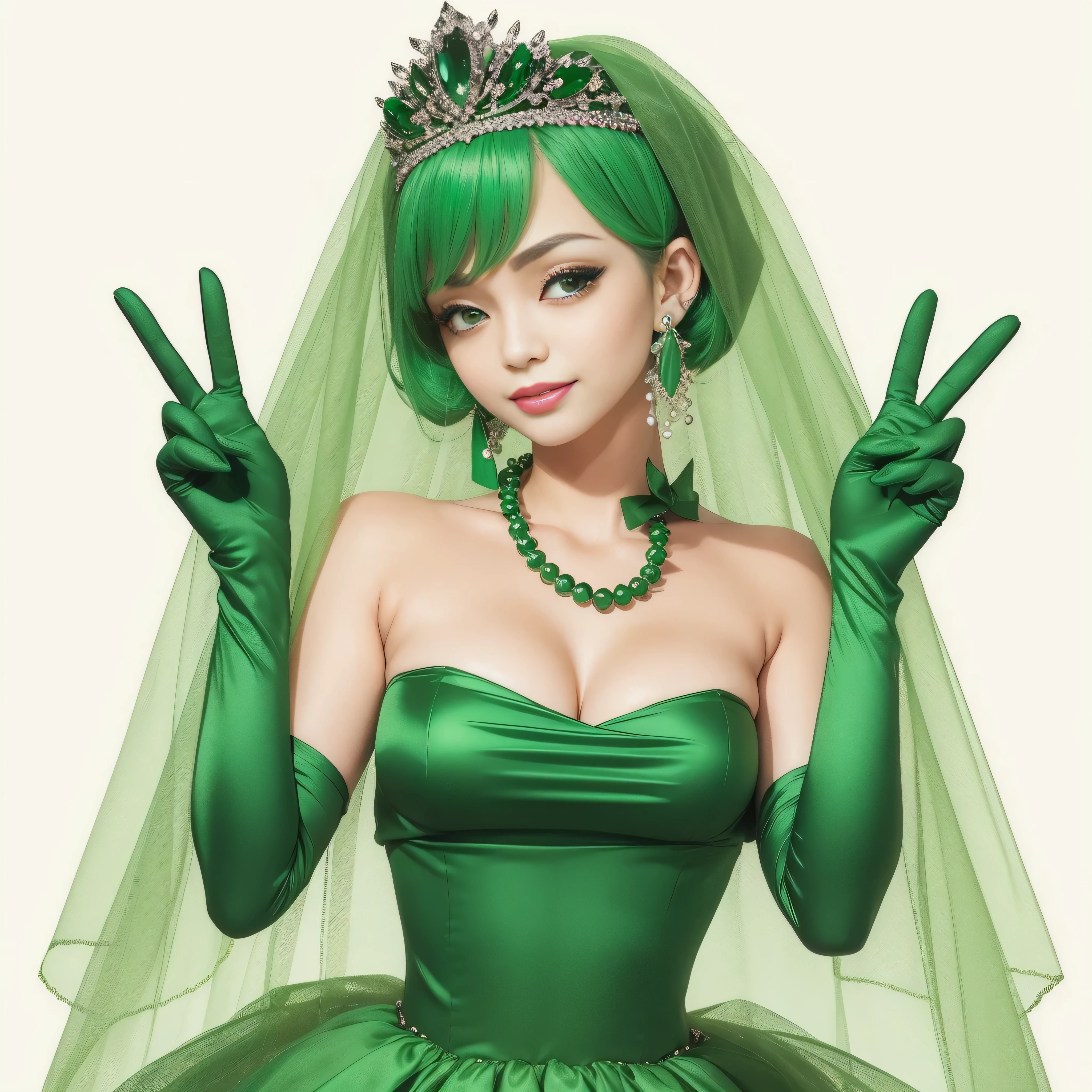 emerald tiara, green pearl necklace, boyish very short green hair, lipstick, smiling Japanese woman, very short hair, big breasts beautiful, green eyes, Long Green Satin Gloves, green eyes, V sign, emerald earrings, green veil, green lip gloss
