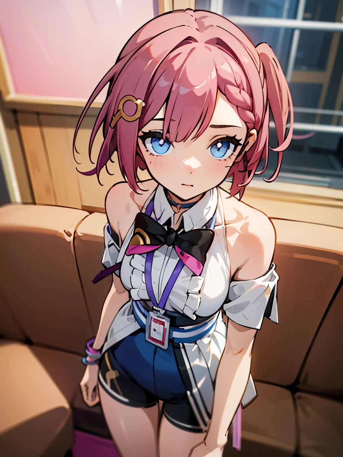 1girl, asta from honkai star rail, pink short hair, short ponyside hair, blue eyes, wearing her outfit, doing daily activities, indoor, very detailed background, many furnitures, masterpiece, highres, ultrahd,