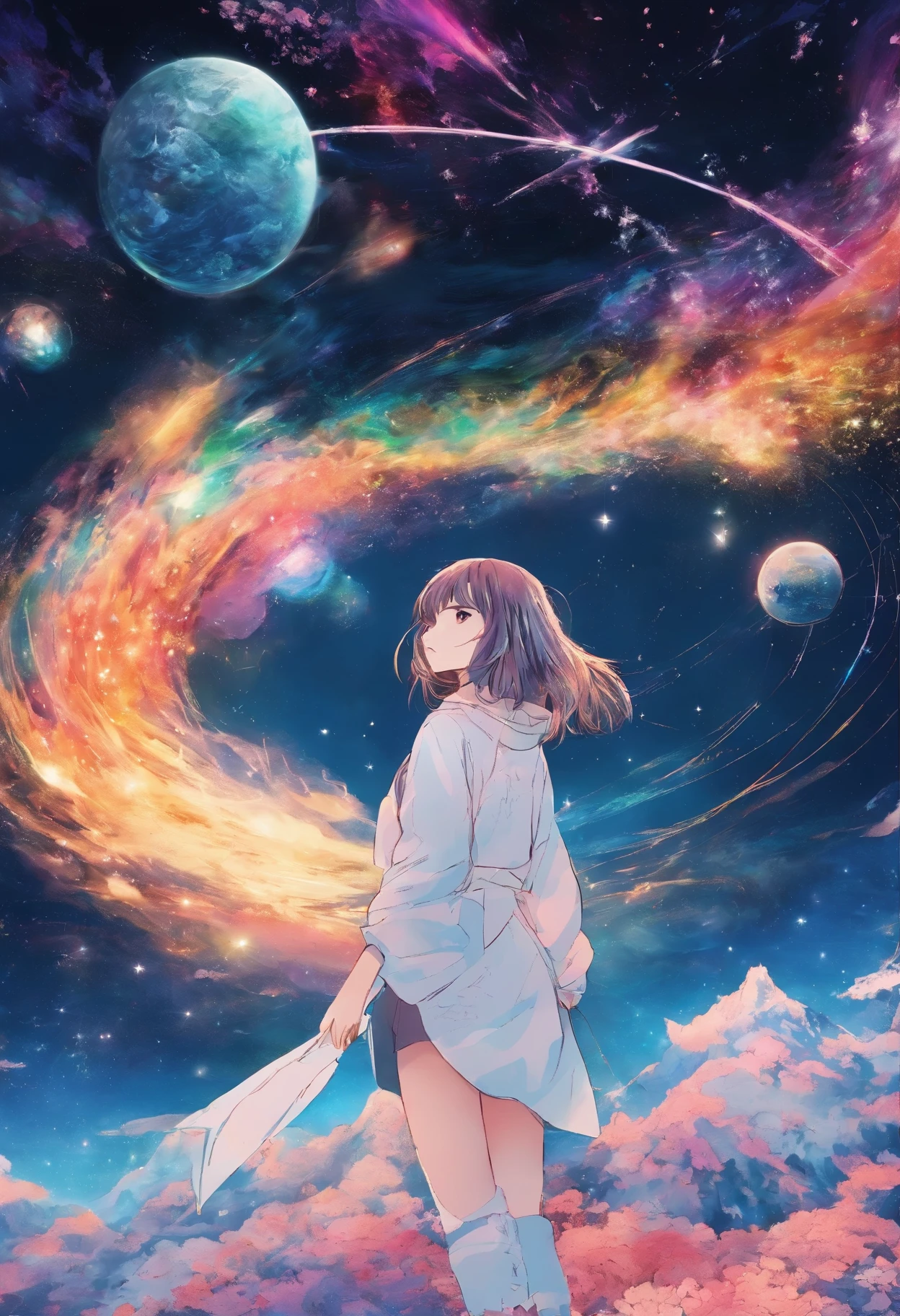 A stunning masterpiece of 8K RAW imagery, Glitter Splash captures the beauty of space, featuring a girl astronaut surrounded by a mesmerizing starry sky, brilliant aerial fireworks, and breathtaking views of the Northern Lights dancing in the Milky Way. A festival-like atmosphere with a fisheye lens effect.