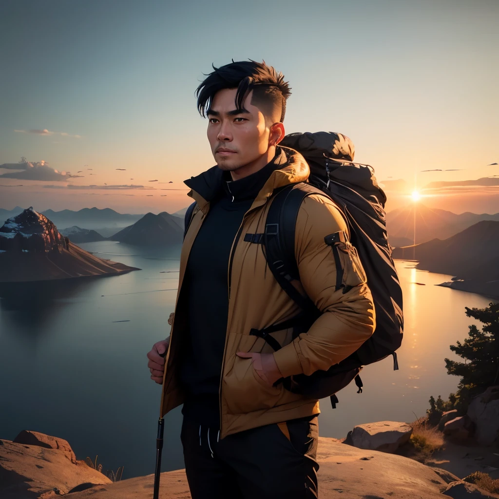 The 40-year-old Indonesian man sports short, slightly tousled black hair atop a round face, with striking features: warm, round brown eyes adorned by firmly arched eyebrows. His nose, masculine and rounded, complements his thin lips and a thin beard. His brown skin glistens under the sunlight as he stands tall, displaying a sturdy and muscular physique. Clad in a thick black jacket, he carries a mountain bag slung over his shoulder, filled with essential gear for his adventure. In his hand, he grips a sturdy trekking pole tightly. His eyes gleam with joy and satisfaction as he takes in the beauty of the surrounding landscape.
He finds himself at the peak of the mountain as the sun rises, painting the sky with hues of orange. The sandy, rocky summit offers a breathtaking view, with a crater lake visible below, surrounded by dense green vegetation and challenging rocky trails. Realistic animation