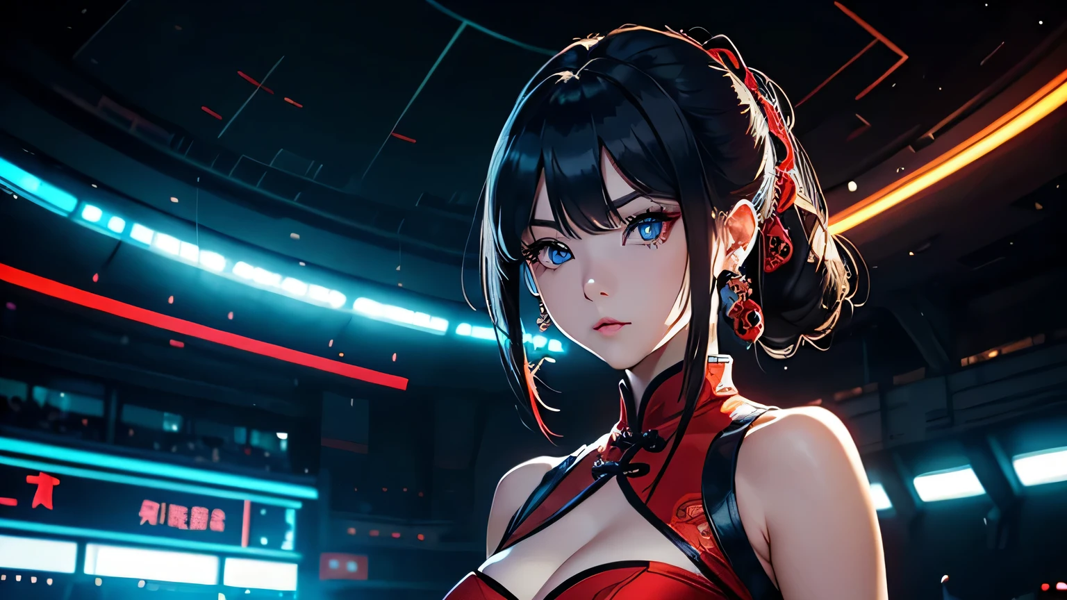 4K, A high resolution, Best quality at best, masterpiece, perfect colors, perfect shadow, perfect litthing, ((sportrait)), 1woman, fit-muscled body, bright yellow eyes，dark blue hair , blue eyes, With round lenses, The audience watched carefully, (s face: 1.2), Perfect female figure, ((standing)), ( beautiful red chinese qipao dress-clad woman stands in the half-light, her cleavage accentuated by the sharp focus of the camera. The modern red chinese qipao dress, adorned with intricate patterns), ((smile shy and looking at viewert)), (Perfect thick white eyebrows) Delicate fur, 详细s face, s the perfect face, chinese cyber punk background, cyber punk lighting atmosphere, ((Bonifasko lighting)), (The round lenses on his eyes)(詳細な目), Perfect student, face close up, small breast