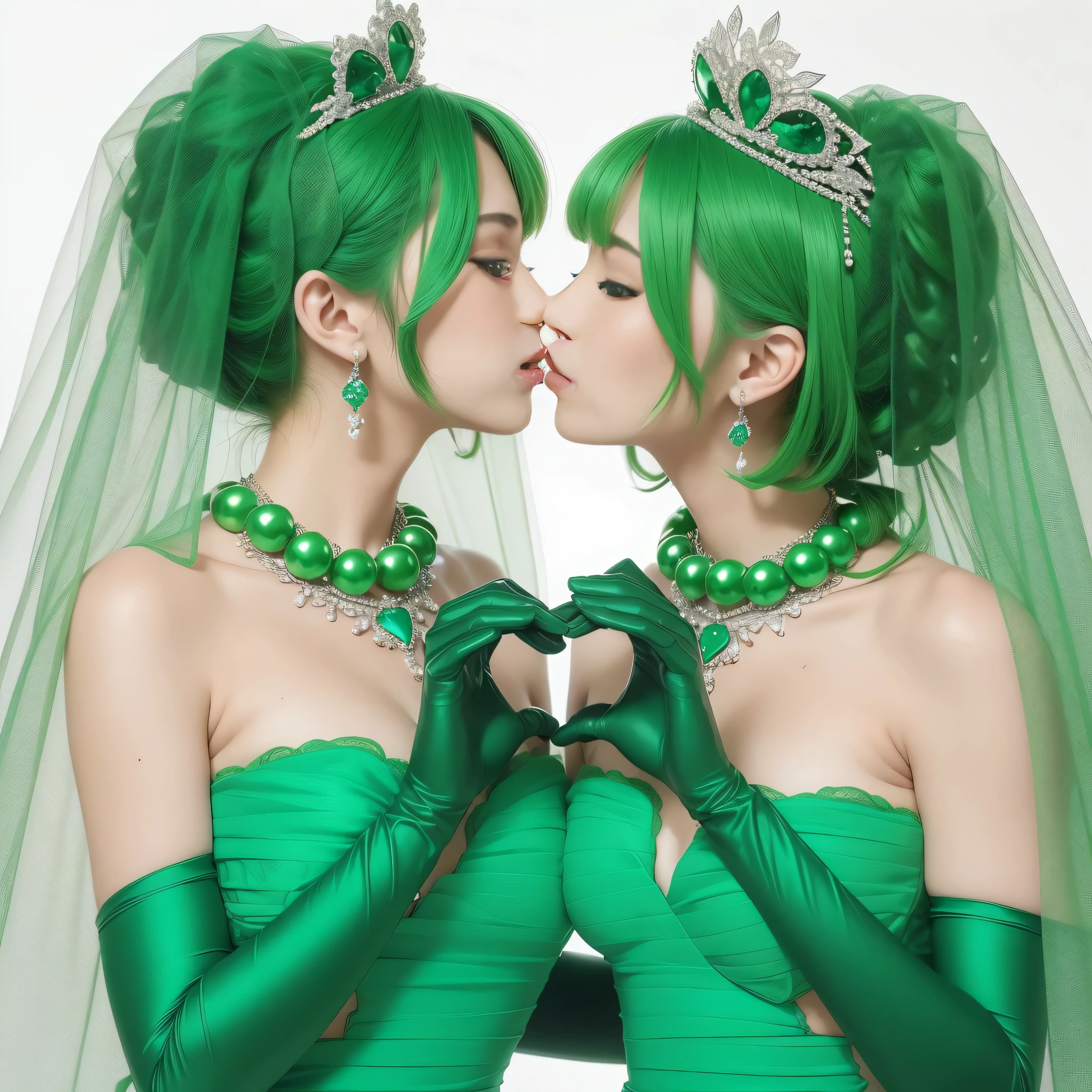 High resolution、Super detailed、(1 girl:1.3), 教会でkissをする二人の女性, Green Satin Long Gloves, Green Wedding Dresses, Green shorthair, lipstick, kiss, bride, green pearl necklace, ボーイッシュなGreen shorthair, lesbian、口から口にkiss, High quality film stills, Sexy lesbian couple make, Passionate, green one piece, Green Bridal Veil, green pearl necklace, heart with both hands, heart shaped hand, big breasts