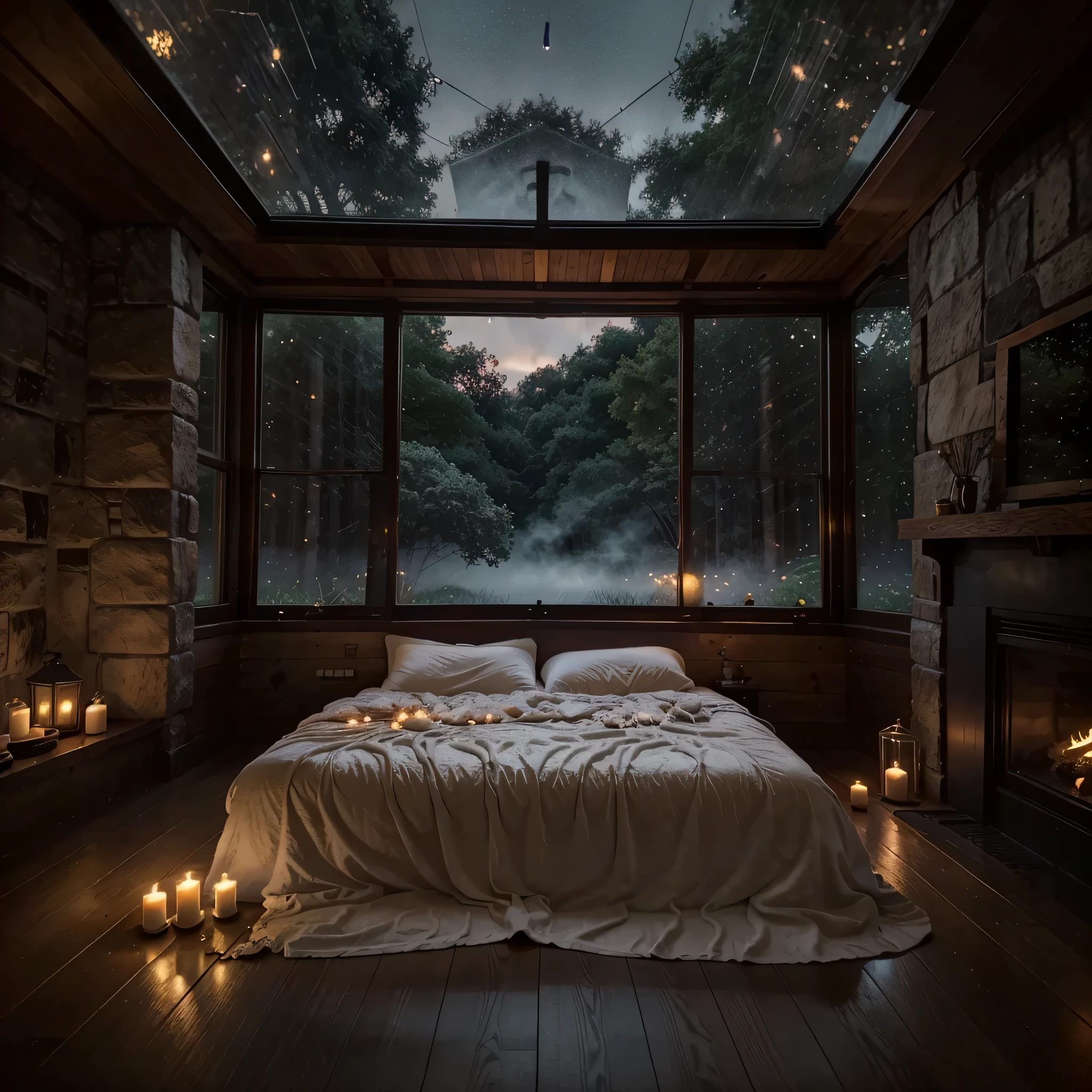 a dark porch bed with a cozy fireplace and big skylights, epic view, stunning windows, starry night, comfortable atmosphere, fairy lights, twinkling, rain aesthetic, romancing mood, inside on a rainy night, candles, fireflies, forest outside, romantic, lightening, enchanted forest, glowing, mountains, misty, dripping, fuzzy blankets, soft bedroom, fluffy bed, warm pillows, dancing flames, petals, flowers, fancy, gorgeous, exotic