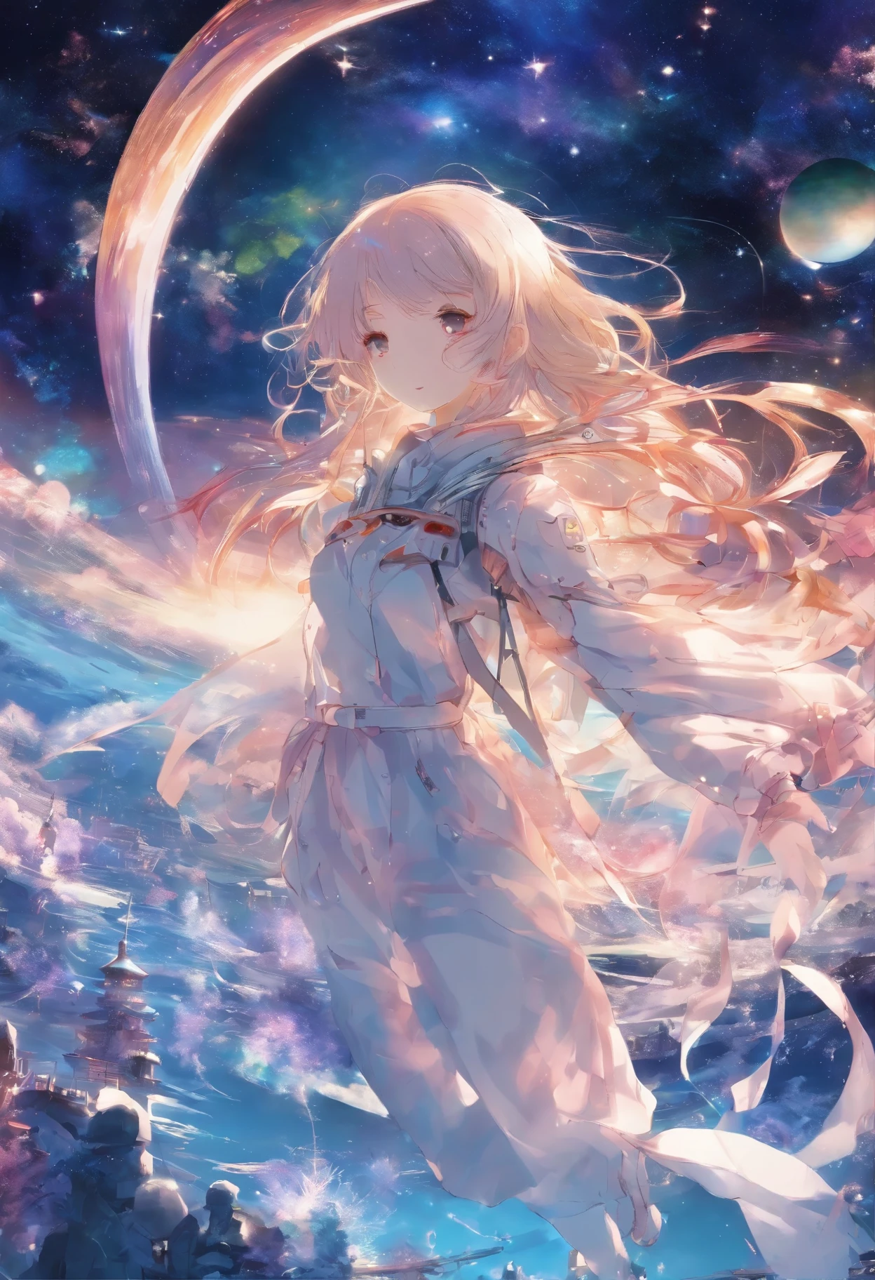 A stunning masterpiece of 8K RAW imagery, Glitter Splash captures the beauty of space, featuring a girl astronaut surrounded by a mesmerizing starry sky, brilliant aerial fireworks, and breathtaking views of the Northern Lights dancing in the Milky Way. A festival-like atmosphere with a fisheye lens effect.