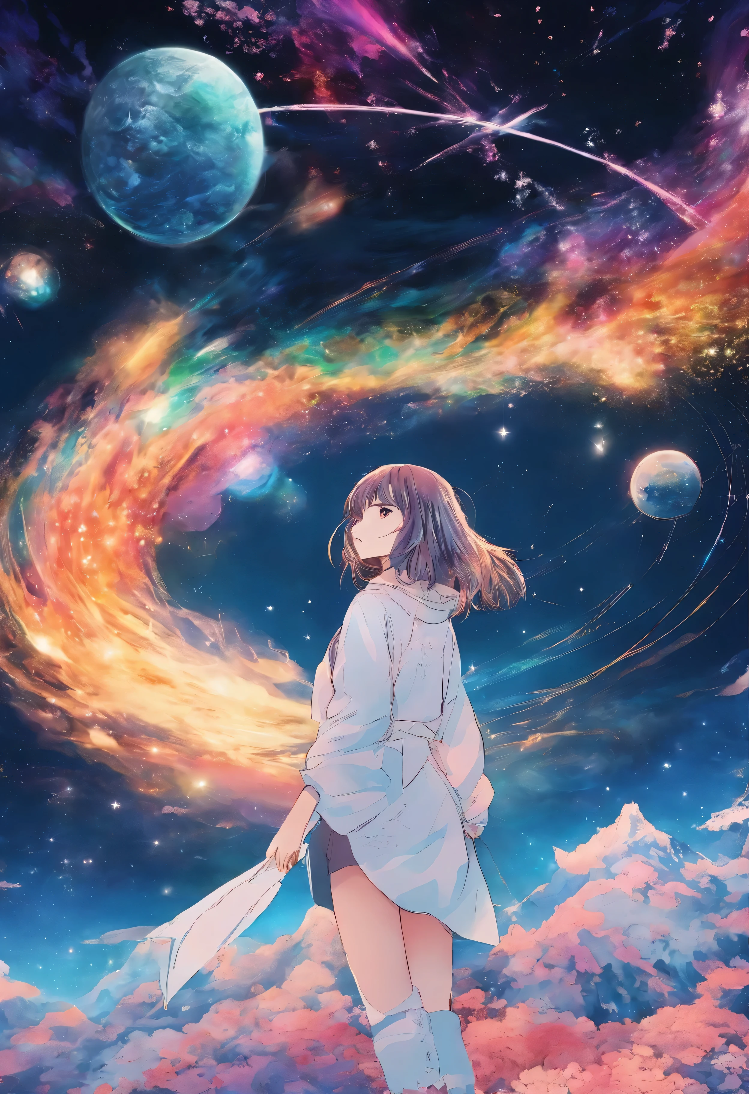 A stunning masterpiece of 8K RAW imagery, Glitter Splash captures the beauty of space, featuring a girl astronaut surrounded by a mesmerizing starry sky, brilliant aerial fireworks, and breathtaking views of the Northern Lights dancing in the Milky Way. A festival-like atmosphere with a fisheye lens effect.