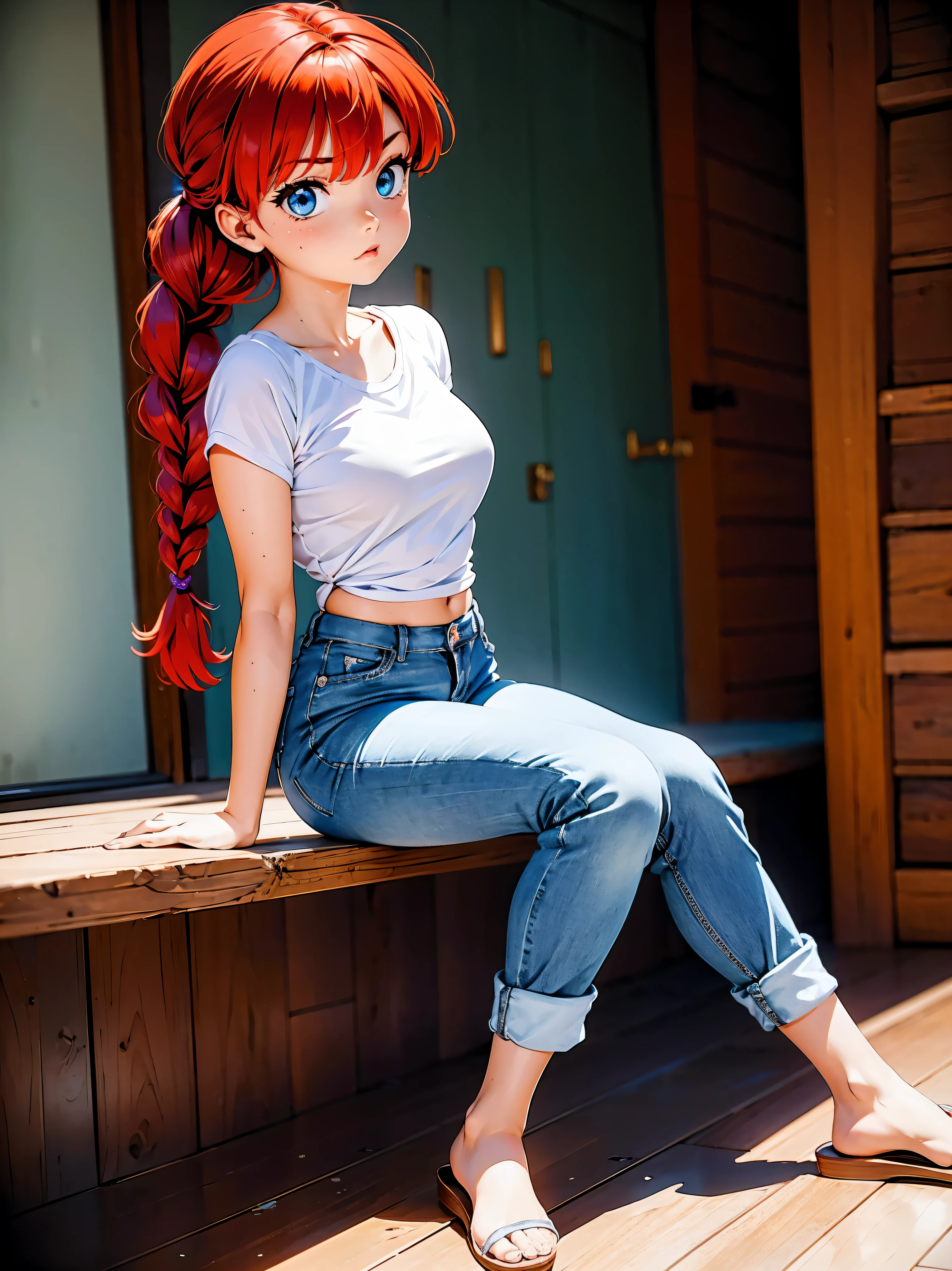 Garota anime ruiva com bermuda jeans azul e blusa cirre purple roxa, , agachada, sentada com pernas cruzadas, corpo bonito, seios grandes, with your hands behind your head, running your hands through your hair, garota sexy, red hair with braid, gorgeous lighting, sombras suaves, olhos azuis, pernas bonitas, hair with braid, estilo anime, Ranma Chan, Autora Rumiko Takahashi, Baseado em obra de Rumiko Takahashi, Anime Ranma 1/ 2, decote sexy, quadril robusto, corpo inteiro, corpo completo, busto grande, garota jovem com corpo belo e bonito, sandals on the feet, garota 16 anosbaixa estatura, vestindo bermuda jeans azul e blusa cirre purple roxa linda, garota anime, estilo anime, beautiful feet in sandals, sitting on the floor, viewing angle 45°