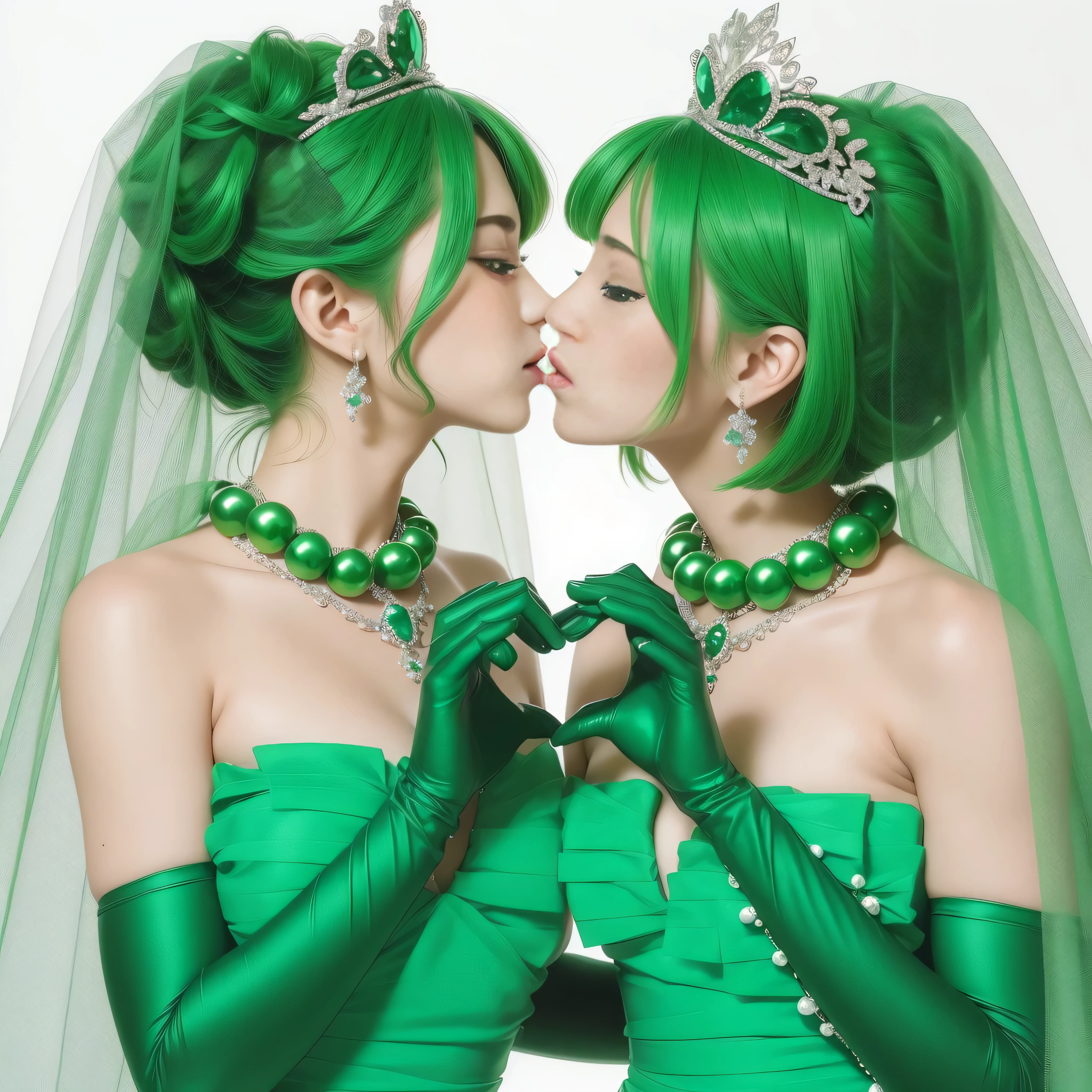 High resolution、Super detailed、(1 girl:1.3), 教会でkissをする二人の女性, Green Satin Long Gloves, Green Wedding Dresses, Green shorthair, lipstick, kiss, bride, green pearl necklace, ボーイッシュなGreen shorthair, lesbian、口から口にkiss, High quality film stills, Sexy lesbian couple make, Passionate, green one piece, Green Bridal Veil, green pearl necklace, heart with both hands, heart shaped hand, big breasts