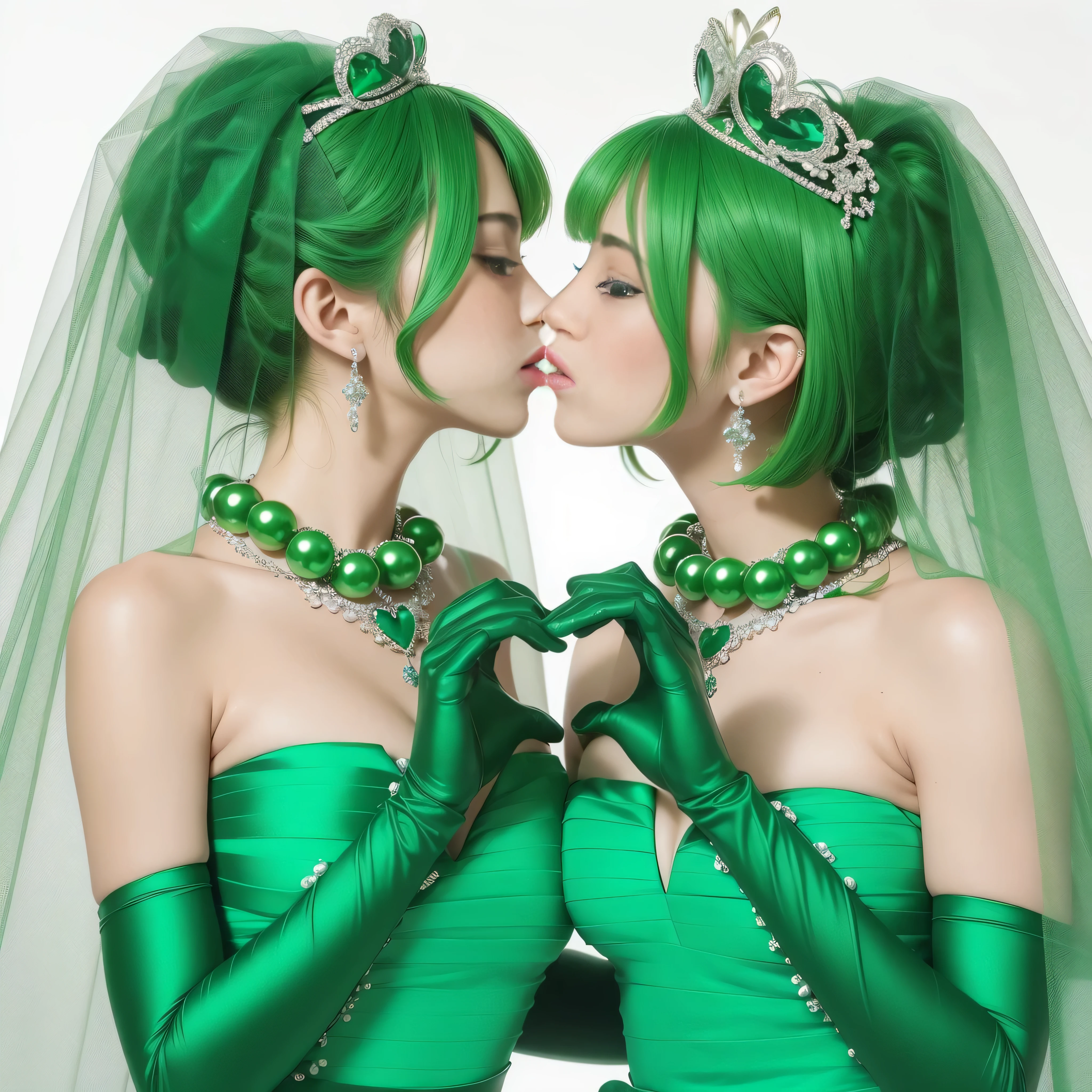 High resolution、Super detailed、(1 girl:1.3), 教会でkissをする二人の女性, Green Satin Long Gloves, Green Wedding Dresses, Green shorthair, lipstick, kiss, bride, green pearl necklace, ボーイッシュなGreen shorthair, lesbian、口から口にkiss, High quality film stills, Sexy lesbian couple make, Passionate, green one piece, Green Bridal Veil, green pearl necklace, heart with both hands, heart shaped hand, big breasts