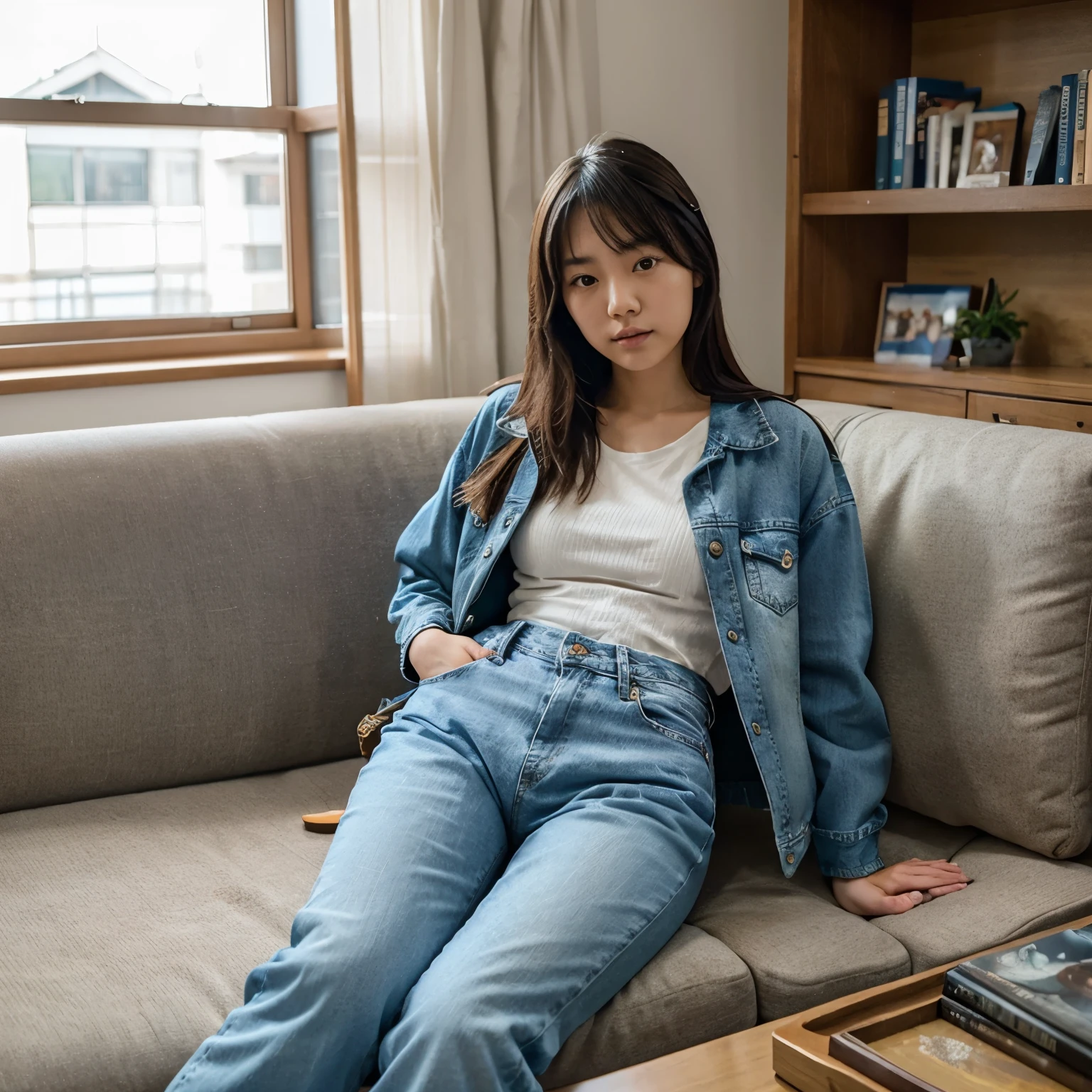 A woman is sitting on a couch, looks worried.