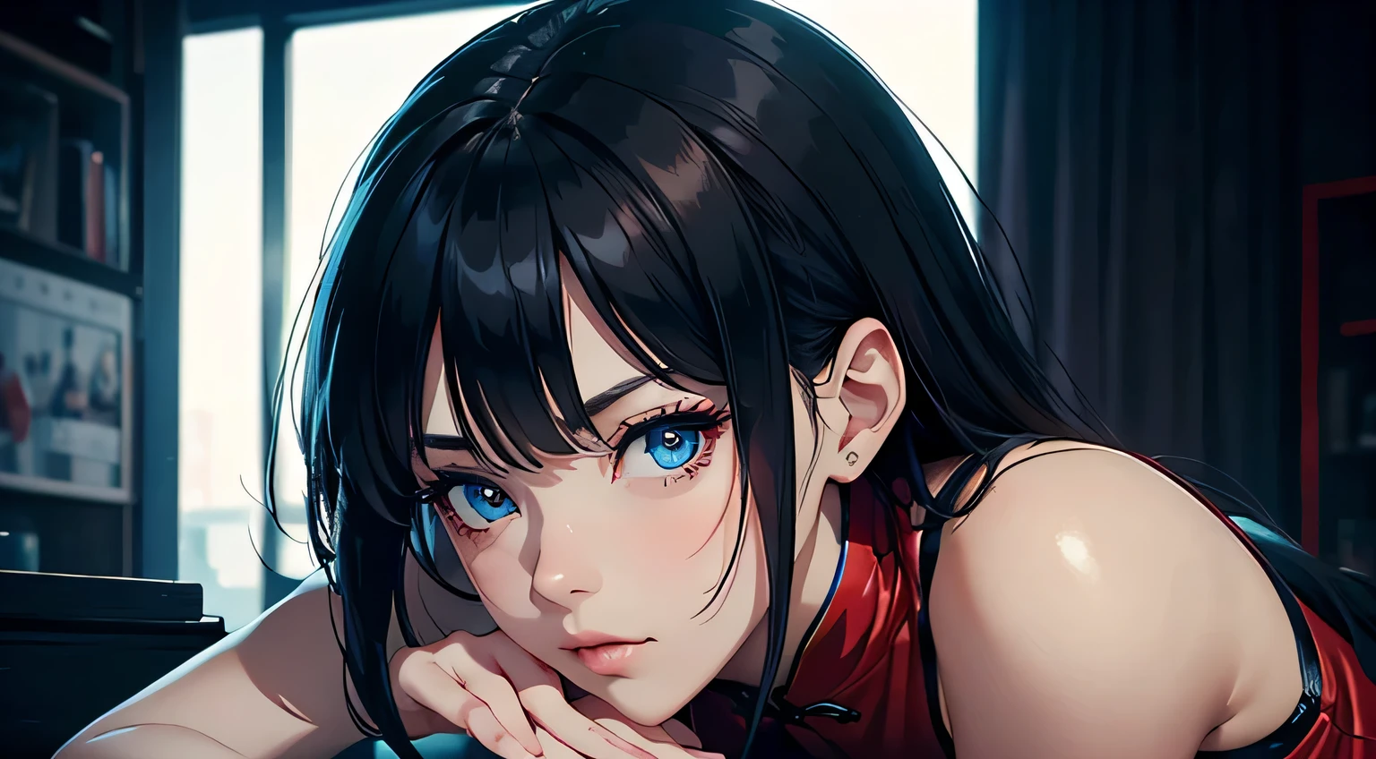 4K, A high resolution, Best quality at best, masterpiece, perfect colors, perfect shadow, perfect litthing, ((sportrait)), 1woman, fit-muscled body, bright yellow eyes,dark blue hair , blue eyes, With round lenses, The audience watched carefully, (s face: 1.2), Perfect female figure, ((standing)), ( beautiful red chinese qipao dress-clad woman stands in the half-light, her cleavage accentuated by the sharp focus of the camera. The modern red chinese qipao dress, adorned with intricate patterns), ((shy and looking at viewert)), (Perfect thick white eyebrows) Delicate fur, 详细s face, s the perfect face, chinese cyber punk background, cyber punk lighting atmosphere, ((Bonifasko lighting)), (The round lenses on his eyes)(詳細な目), Perfect student, face close up, small breast