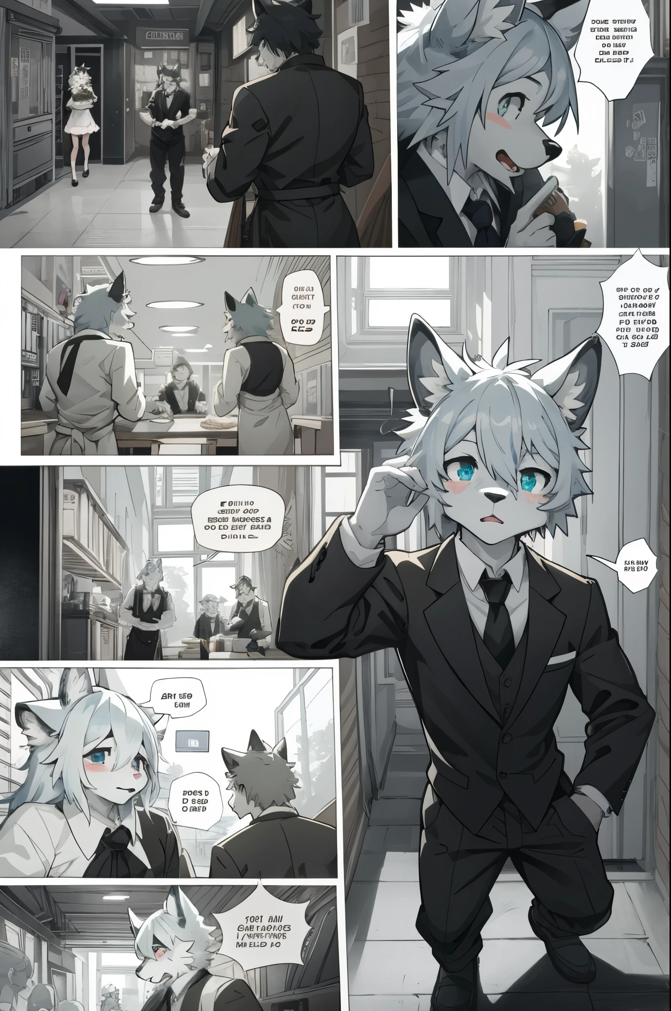 top quality, best quality, highres, masterpiece, super high resolution, detailed background, Casual reutaurant interior, part-time job, waiter, Butler, 6+boys, 6+girls, absurdres(highly detailed beautiful face and eyes)perfect anatomy, good lighting, cinematic shadow(kemono, furry anthro)assorted expressions, assorted poses, assorted angles, full body, upper shot, dynamic angle(girls comic-like panel layouts, speech balloon, English text, Hand-drawn sound effects stickers used in girls comic),