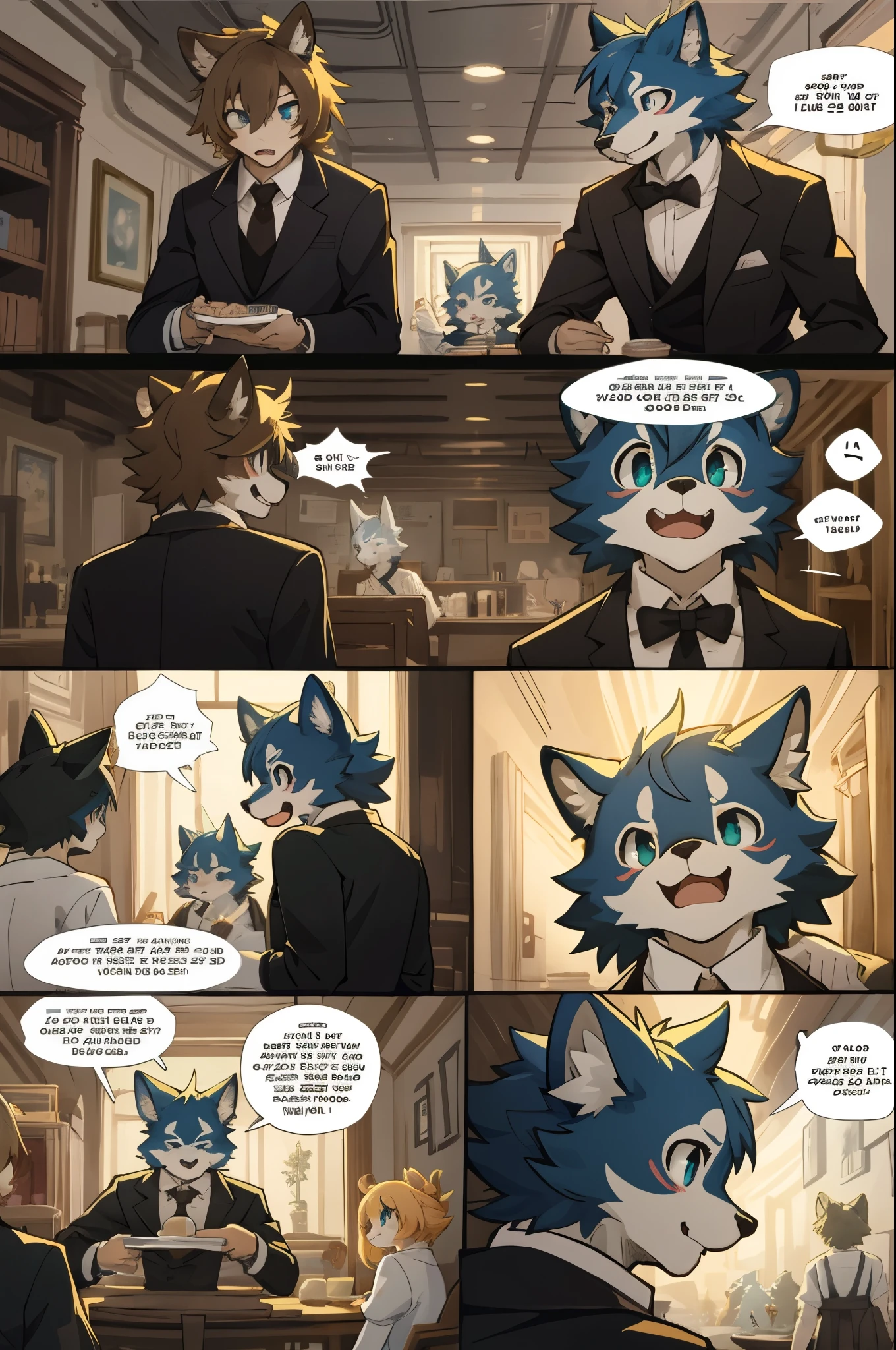 top quality, best quality, highres, masterpiece, super high resolution, detailed background, Casual reutaurant interior, part-time job, waiter, Butler, 6+boys, 6+girls, absurdres(highly detailed beautiful face and eyes)perfect anatomy, good lighting, cinematic shadow(kemono, furry anthro)assorted expressions, assorted poses, assorted angles, full body, upper shot, dynamic angle(girls comic-like panel layouts, speech balloon, English text, Hand-drawn sound effects stickers used in girls comic),