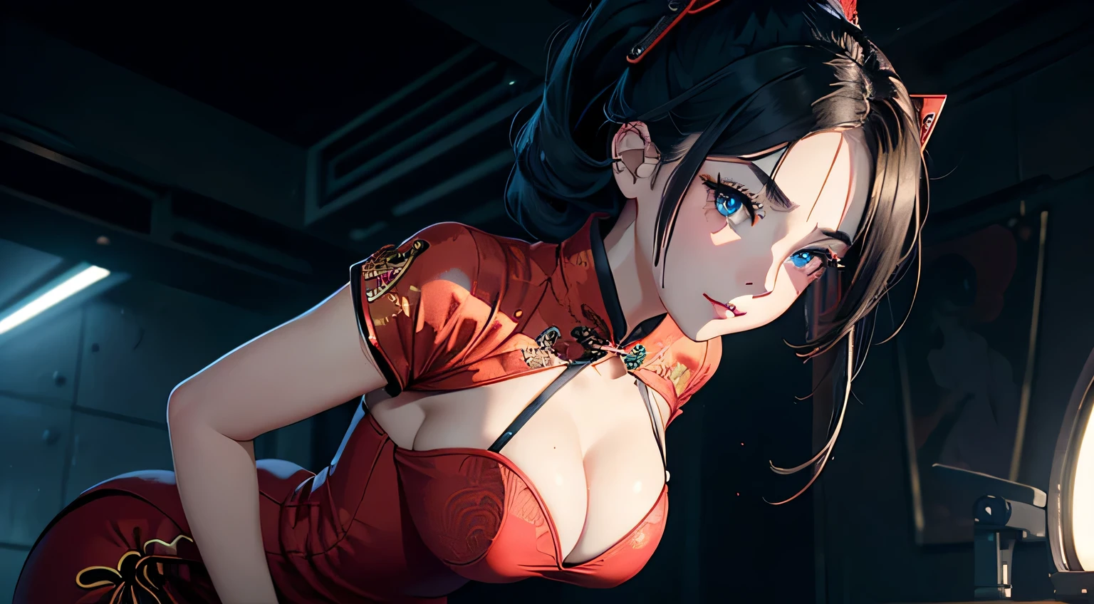 4K, A high resolution, Best quality at best, masterpiece, perfect colors, perfect shadow, perfect litthing, ((sportrait)), 1woman, fit-muscled body, bright yellow eyes,dark blue hair , blue eyes, With round lenses, The audience watched carefully, (s face: 1.2), Perfect female figure, ((standing)), ( beautiful red chinese qipao dress-clad woman stands in the half-light, her cleavage accentuated by the sharp focus of the camera. The modern red chinese qipao dress, adorned with intricate patterns), ((smile shy and looking at viewert)), (Perfect thick white eyebrows) Delicate fur, 详细s face, s the perfect face, chinese cyber punk background, cyber punk lighting atmosphere, ((Bonifasko lighting)), (The round lenses on his eyes)(詳細な目), Perfect student, face close up, small breast. face close up
