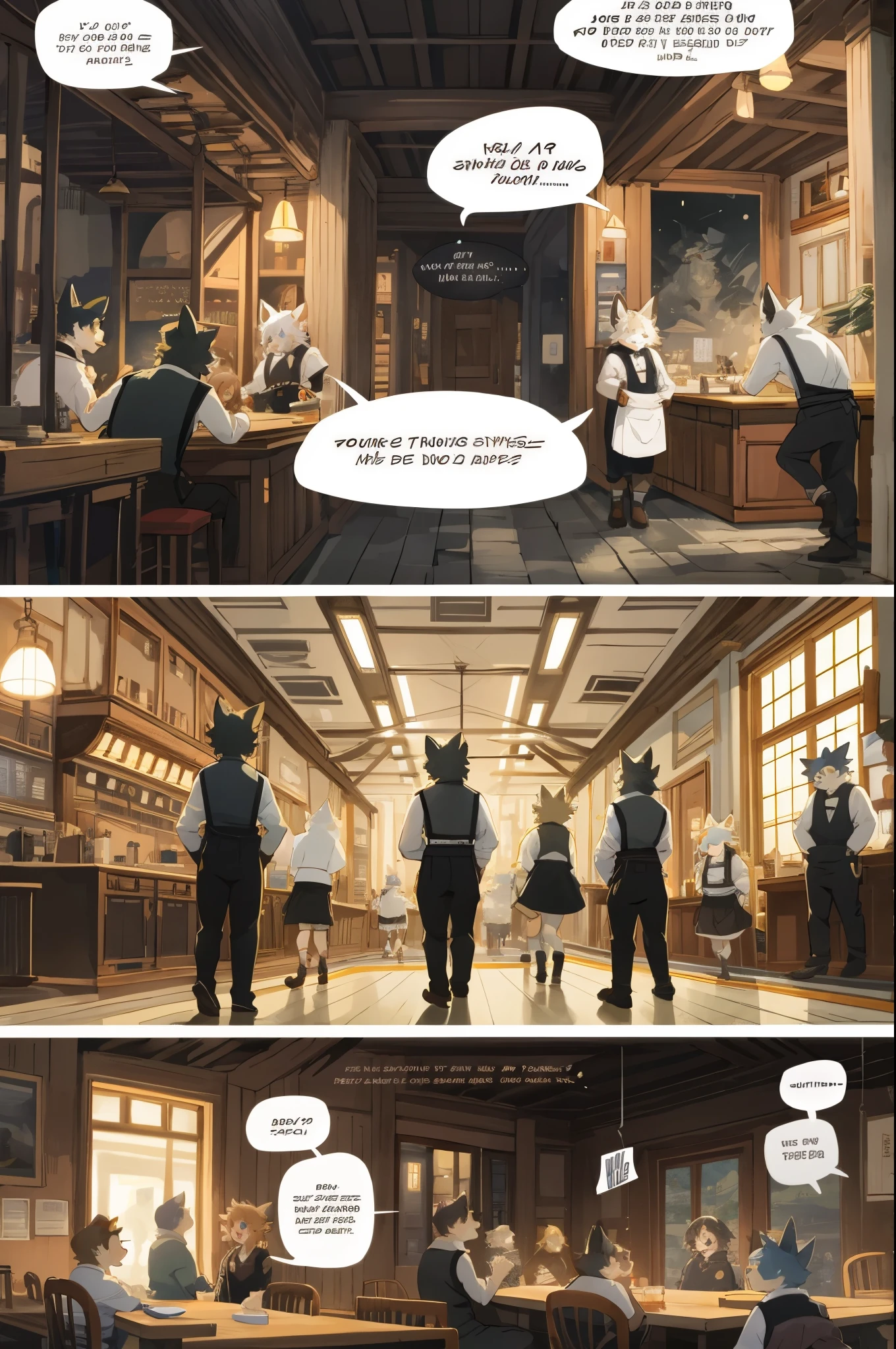 top quality, best quality, highres, masterpiece, super high resolution, detailed background, Casual reutaurant interior, part-time job, waiter, Butler, 6+boys, 6+girls, absurdres(highly detailed beautiful face and eyes)perfect anatomy, good lighting, cinematic shadow(kemono, furry anthro)assorted expressions, assorted poses, assorted angles, full body, upper shot, dynamic angle(girls comic-like panel layouts, speech balloon, English text, Hand-drawn sound effects stickers used in girls comic),