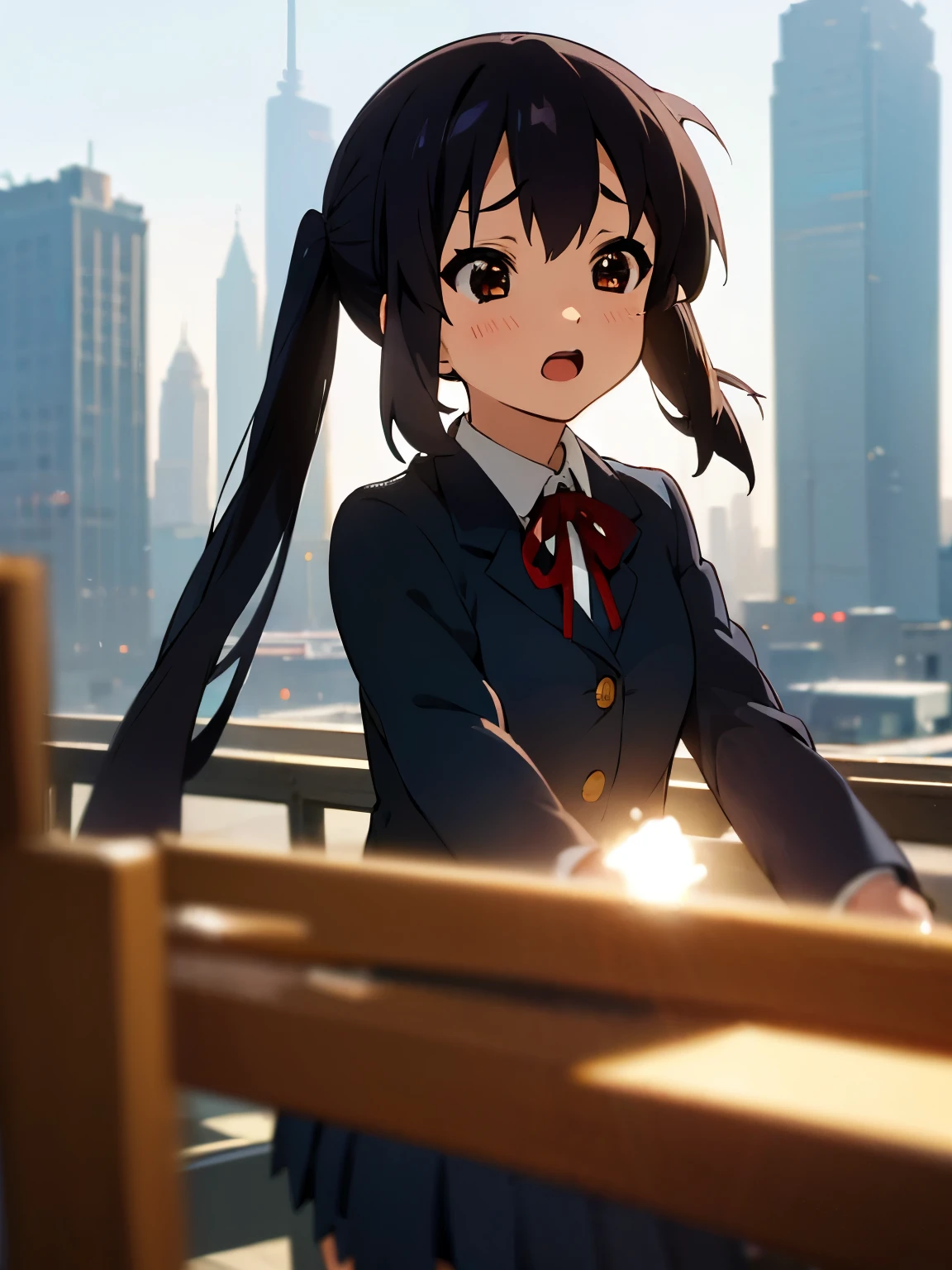 1girl, ((((Masterpiece))), Best Quality, Best Quality, High Detail, Azusa Nakano, 1girl, Sakuragaoka High School Uniform, Musical Instrument, School Uniform, Twin Tails, Long Hair, Black Hair, Brown Eyes, Solo, Red, Dark blue blazer with a thin ribbon of red, Solid white button shirt under blazer, Illustration, Cartoon, Soothing tones, Muted colors, Soft cinematic light, Adobe Lightroom, Photo Lab, HDR, complex and highly detailed, (((depth of field))))). (((Masterpiece))). (((highest quality))).) ((super detail))). (((Illustration))). (((Outside))). (((fighting stance))).,((((Giantization))).dynamic focus.small breasts. (((skyscrapers))). (((Cityscape))). (((Face of sadness))). open mouth