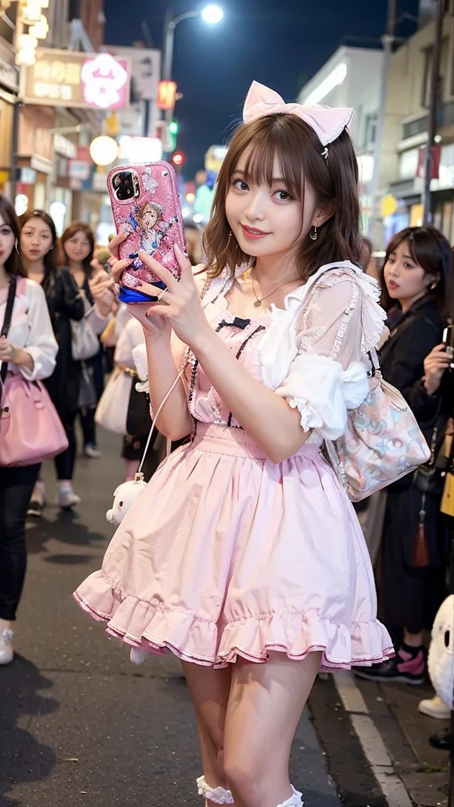 （Highest image quality、highest quality、highest resolution、masterpiece、detailed、real photos）、blonde、looking at the camera、beautiful and cute smile、((full body shot))、((Low - Angle))、earrings、necklace、ring、Piercing in the navel、hair ornaments、costume with frills、(Quite small)、(Quite lean body)、((Costume is artist talent Kyary Pamyu Pamyu、Ano-chan has the face of an artist and talent.))、((Take a selfie with your smartphone、pink bag with stuffed animal:1.2))、((The location is downtown at night、in the crowd:1.3))