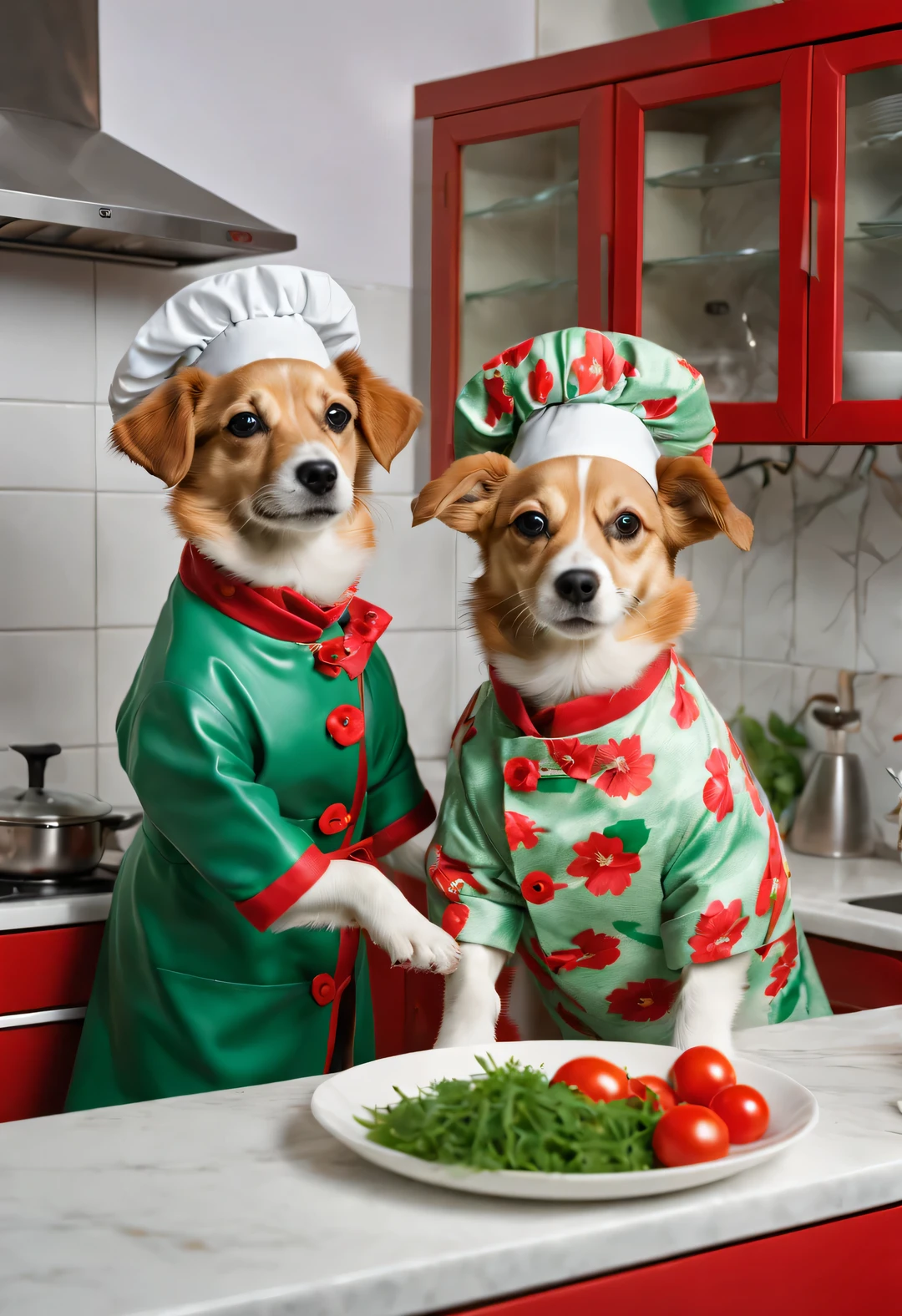 Mrs. puppy and sir. Charpy, Wear big waves, Have fun cooking. fashionable, Red and green flower coat and personification,
background: kitchen, high detail, Super quality, Surrealism, photo, 8k, pleasure, comical,