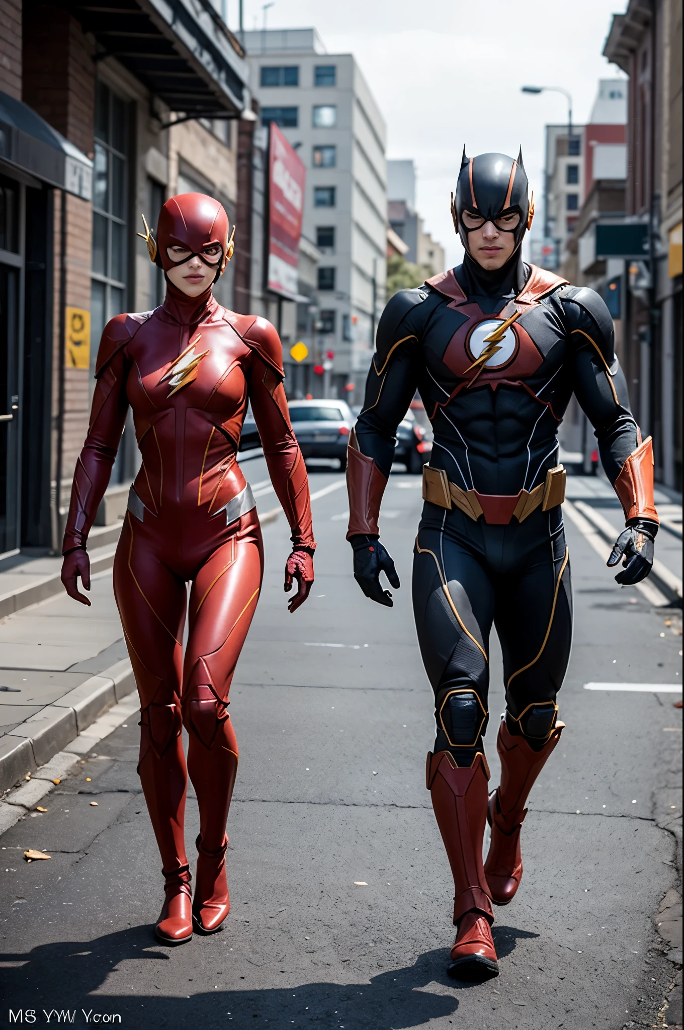Two version of The Flash which are Injustice Version and Ezra Miller's version are ready to run, they are wearing robotic suit like the one from Injustice 2 game which is goldish in color, serious face, they are corrupted, which can be indicated from the damage on their suit. Theyon a wasted city, the time is 8 AM, chaos at the sky, professionally photographed, professionally edited, highly detailed, highly enhanced, award winning photo, full body view, full shot.