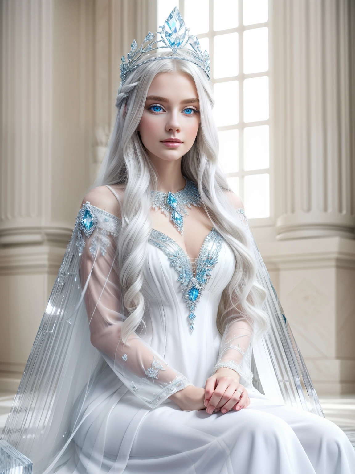 White beautiful goddess sitting on white crystal throne, blue eyes, white long wavy hair, wearing white crystal crown, wearing a beautiful white full dress, inside a magnificent palace made of white stone, chromatic aberration. 