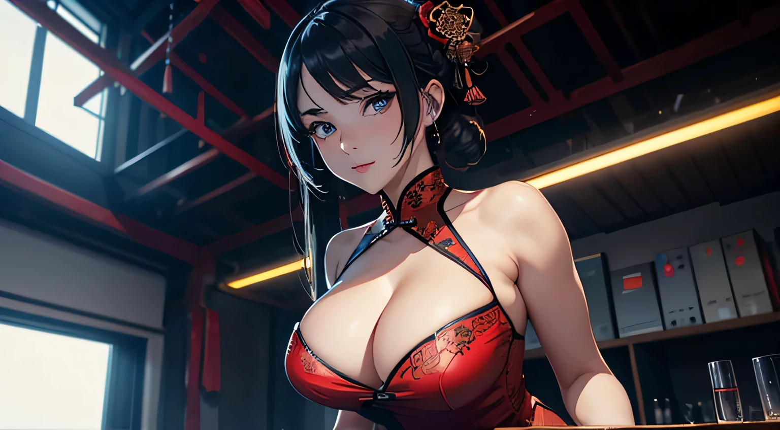 4K, A high resolution, Best quality at best, masterpiece, perfect colors, perfect shadow, perfect litthing, ((sportrait)), 1woman, fit-muscled body, bright yellow eyes,dark blue hair , blue eyes, With round lenses, The audience watched carefully, (s face: 1.2), Perfect female figure, ((standing)), ( beautiful red chinese qipao dress-clad woman stands in the half-light, her cleavage accentuated by the sharp focus of the camera. The modern red chinese qipao dress, adorned with intricate patterns), ((smile shy and looking at viewert)), (Perfect thick white eyebrows) Delicate fur, 详细s face, s the perfect face, chinese cyber punk background, cyber punk lighting atmosphere, ((Bonifasko lighting)), (The round lenses on his eyes)(詳細な目), Perfect student, face close up, small breast. face close up