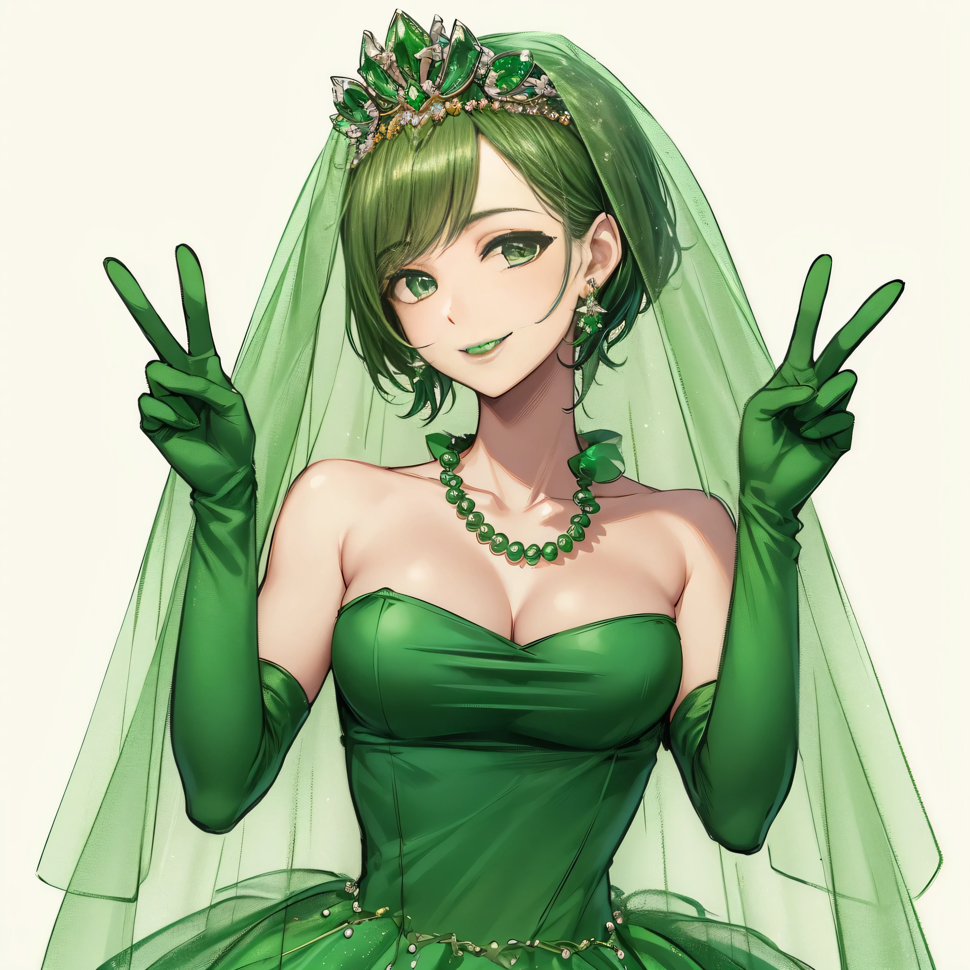 emerald tiara, green pearl necklace, boyish very short green hair, lipstick, smiling Japanese woman, very short hair, big breasts beautiful, green eyes, Long Green Satin Gloves, green eyes, V sign, emerald earrings, green veil, green lip gloss