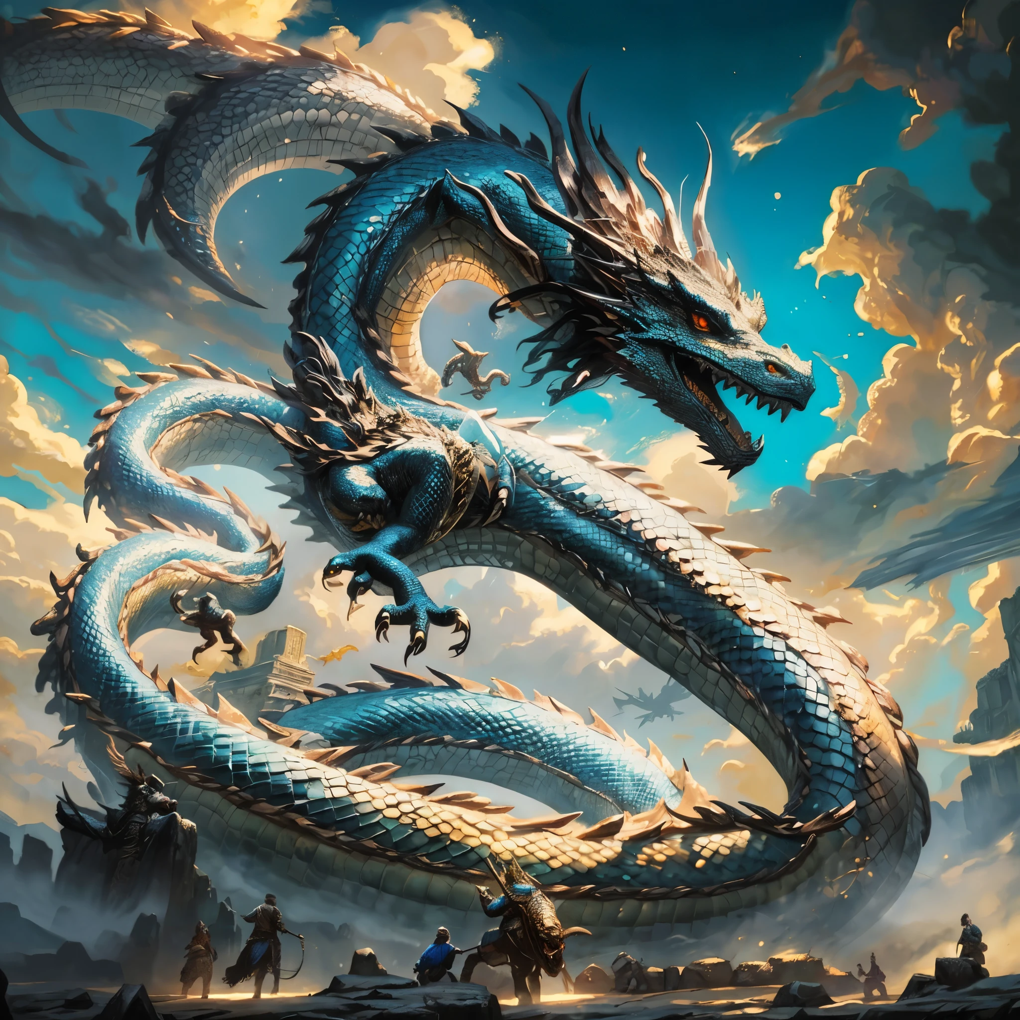 Highly detailed picture, beautiful ancient black dragon, dynamic pose, (shiny scales), (dragon), flying, forrest environment, (detailed eyes), orange reptile eyes, (fantasy:), fantasy setting, dungeons and dragons setting, open sky, white clouds, puffy clouds depth of field, soft lighting, (masterpiece:1.1), best quality, intricate, particle effects, ray tracing, tone mapping, highly detailed, concept art, smooth, sharp focus, dramatic lighting, highly detailed art, cinematic, , 8K, amazing shadows, realistic, mid-journey art